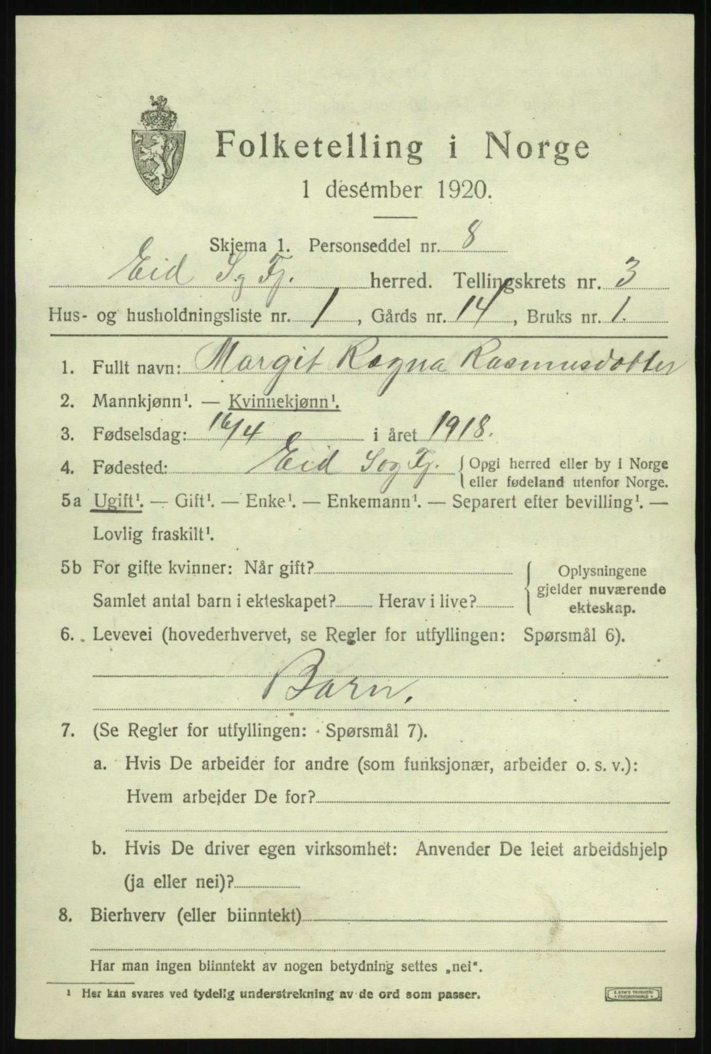 SAB, 1920 census for Eid, 1920, p. 2012