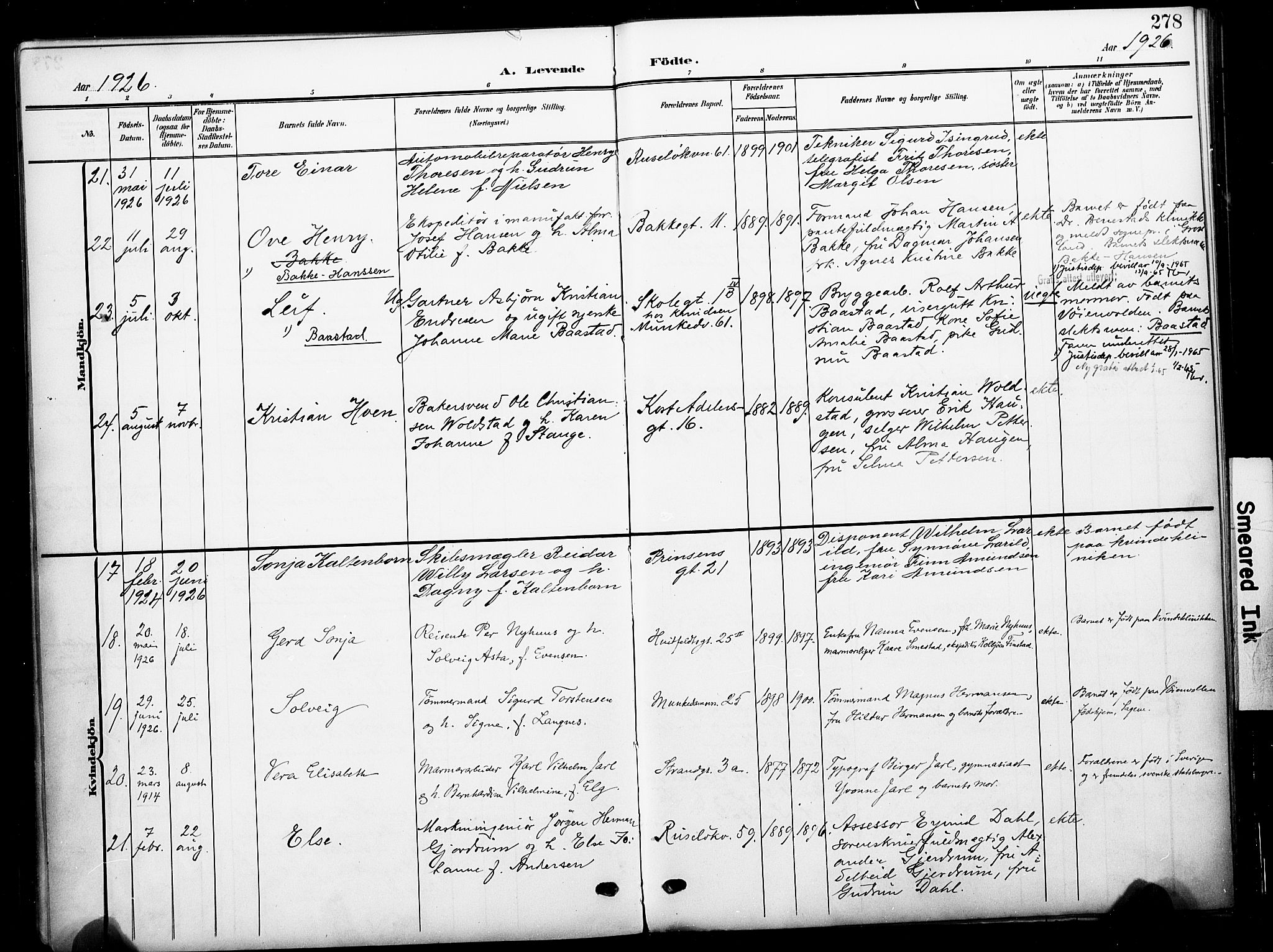 Johannes prestekontor Kirkebøker, AV/SAO-A-10852/F/Fa/L0009: Parish register (official) no. 9, 1905-1929, p. 278