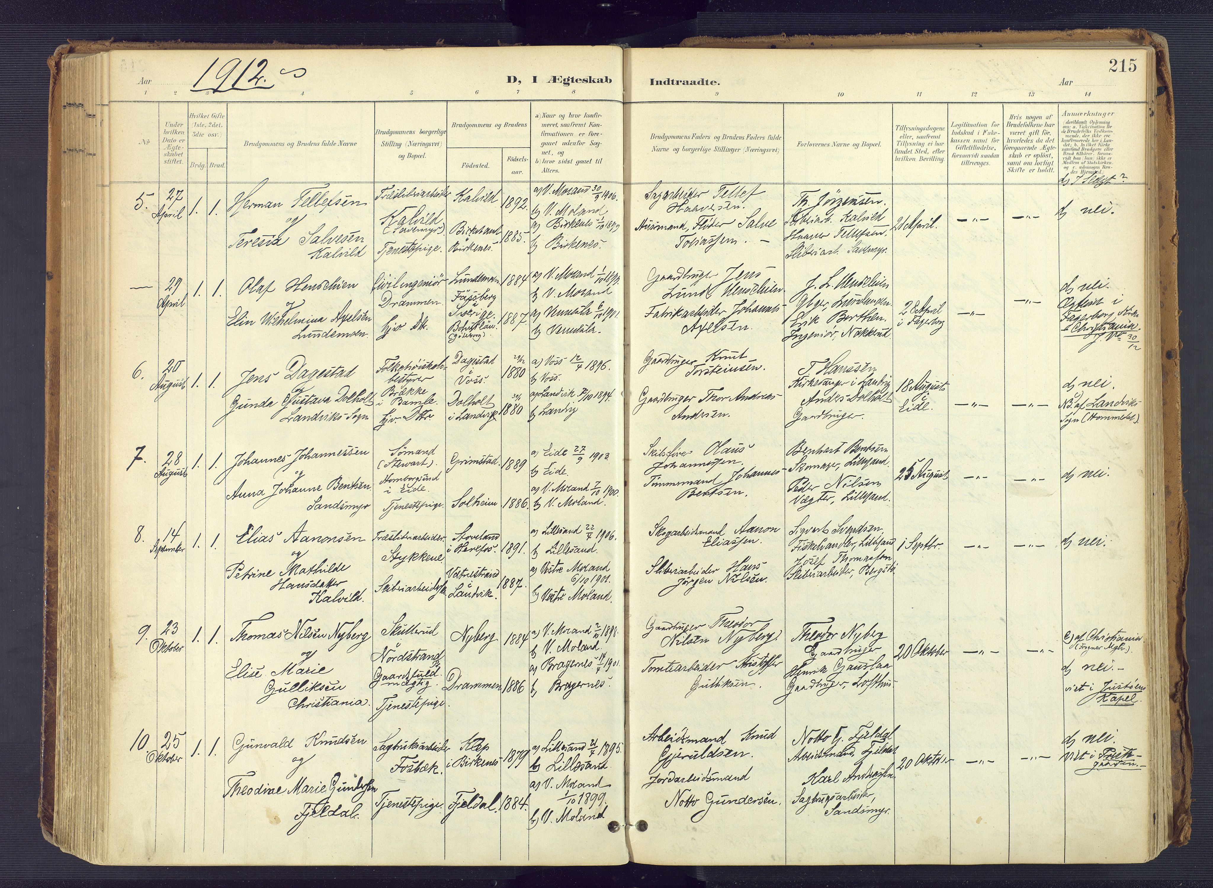 Vestre Moland sokneprestkontor, SAK/1111-0046/F/Fa/Fab/L0010: Parish register (official) no. A 10, 1900-1926, p. 215