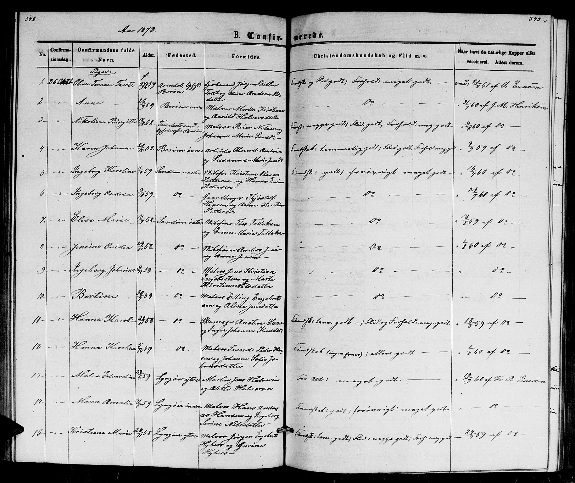Dypvåg sokneprestkontor, SAK/1111-0007/F/Fb/Fba/L0012: Parish register (copy) no. B 12, 1872-1886, p. 342-343