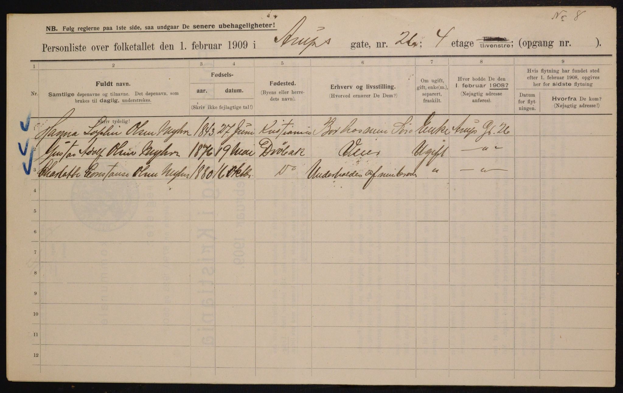 OBA, Municipal Census 1909 for Kristiania, 1909, p. 2335