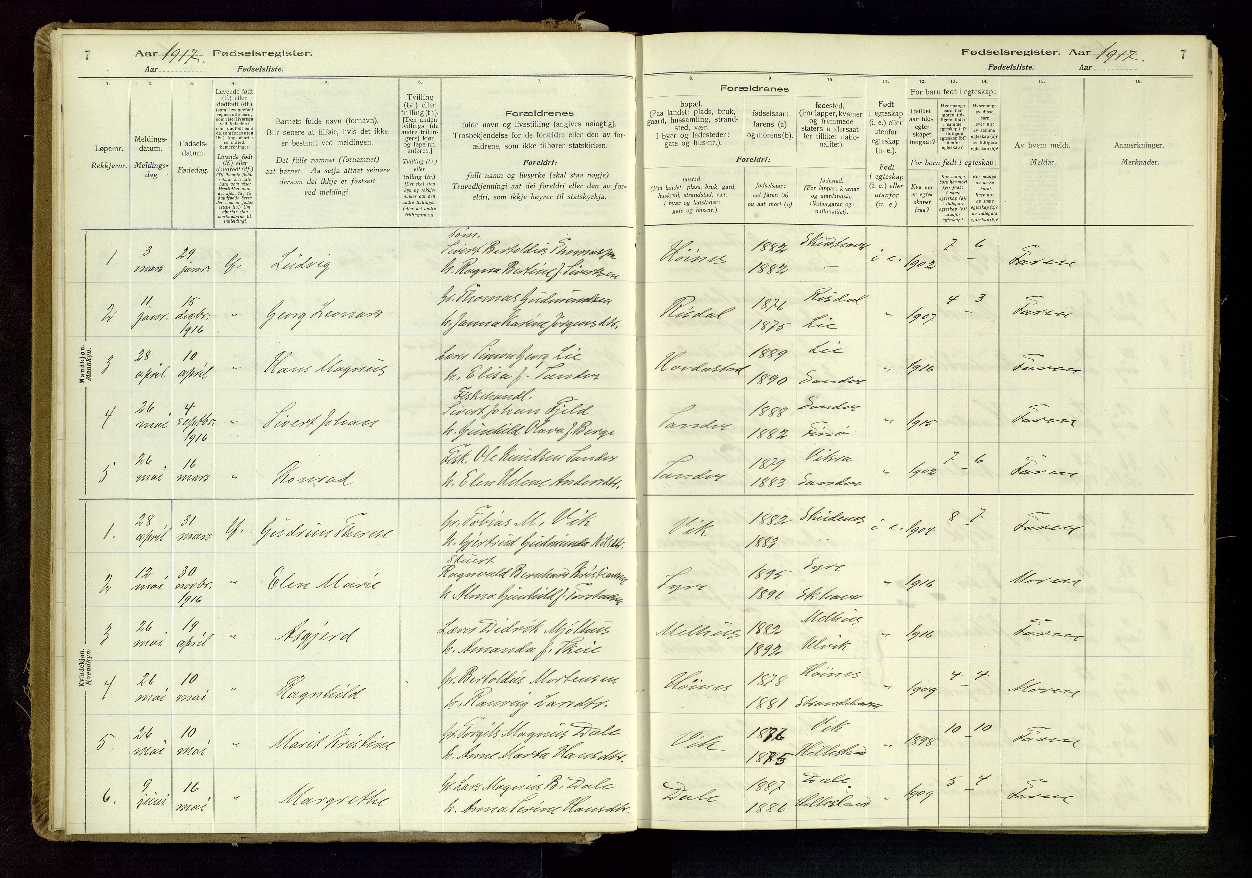 Skudenes sokneprestkontor, SAST/A -101849/I/Id/L0001: Birth register no. 1, 1916-1964, p. 7
