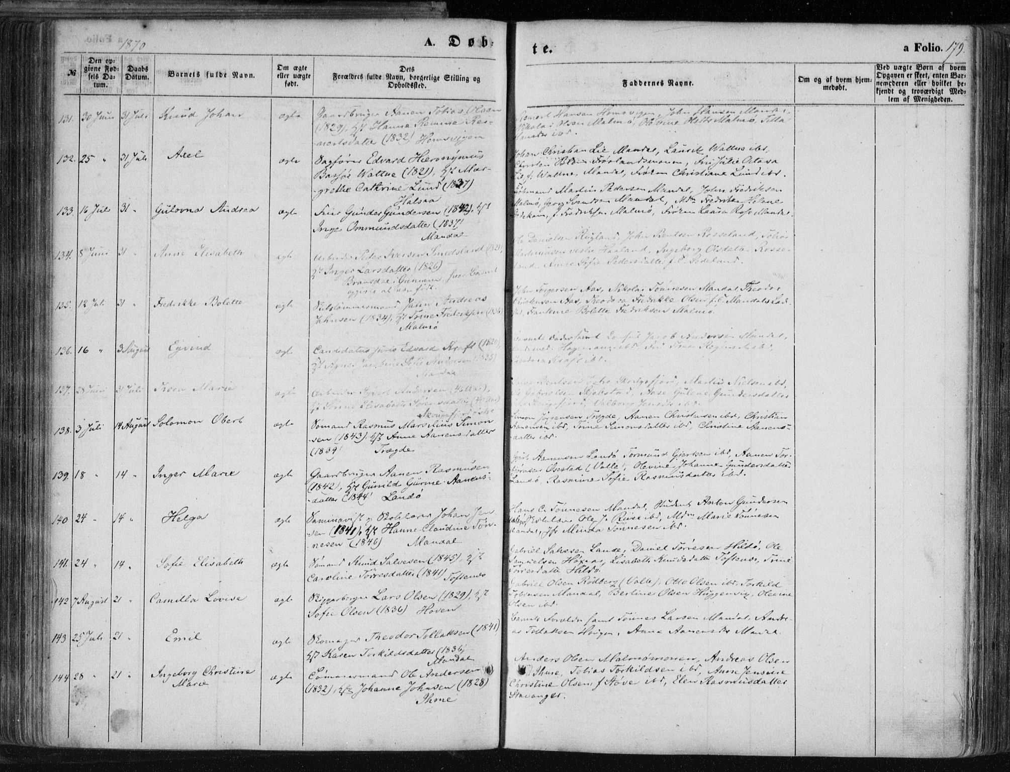Mandal sokneprestkontor, AV/SAK-1111-0030/F/Fa/Faa/L0014: Parish register (official) no. A 14, 1859-1872, p. 179