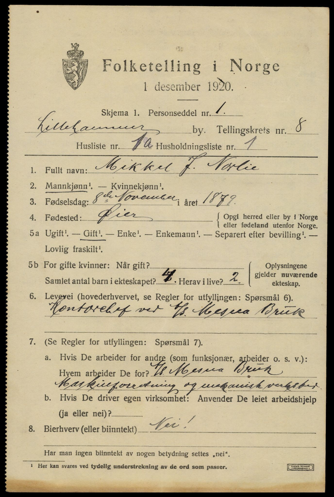 SAH, 1920 census for Lillehammer, 1920, p. 10380