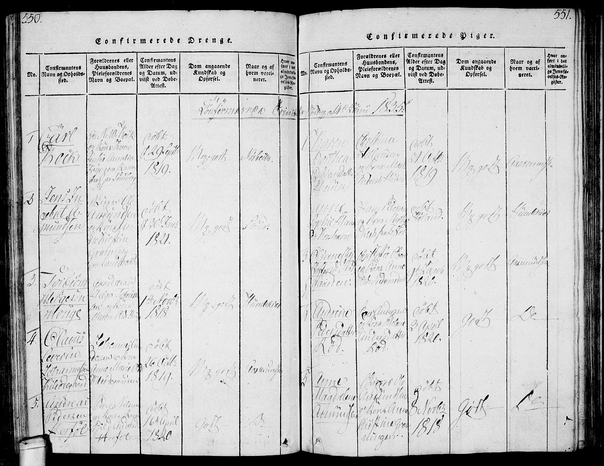 Hvaler prestekontor Kirkebøker, SAO/A-2001/F/Fa/L0005: Parish register (official) no. I 5, 1816-1845, p. 550-551