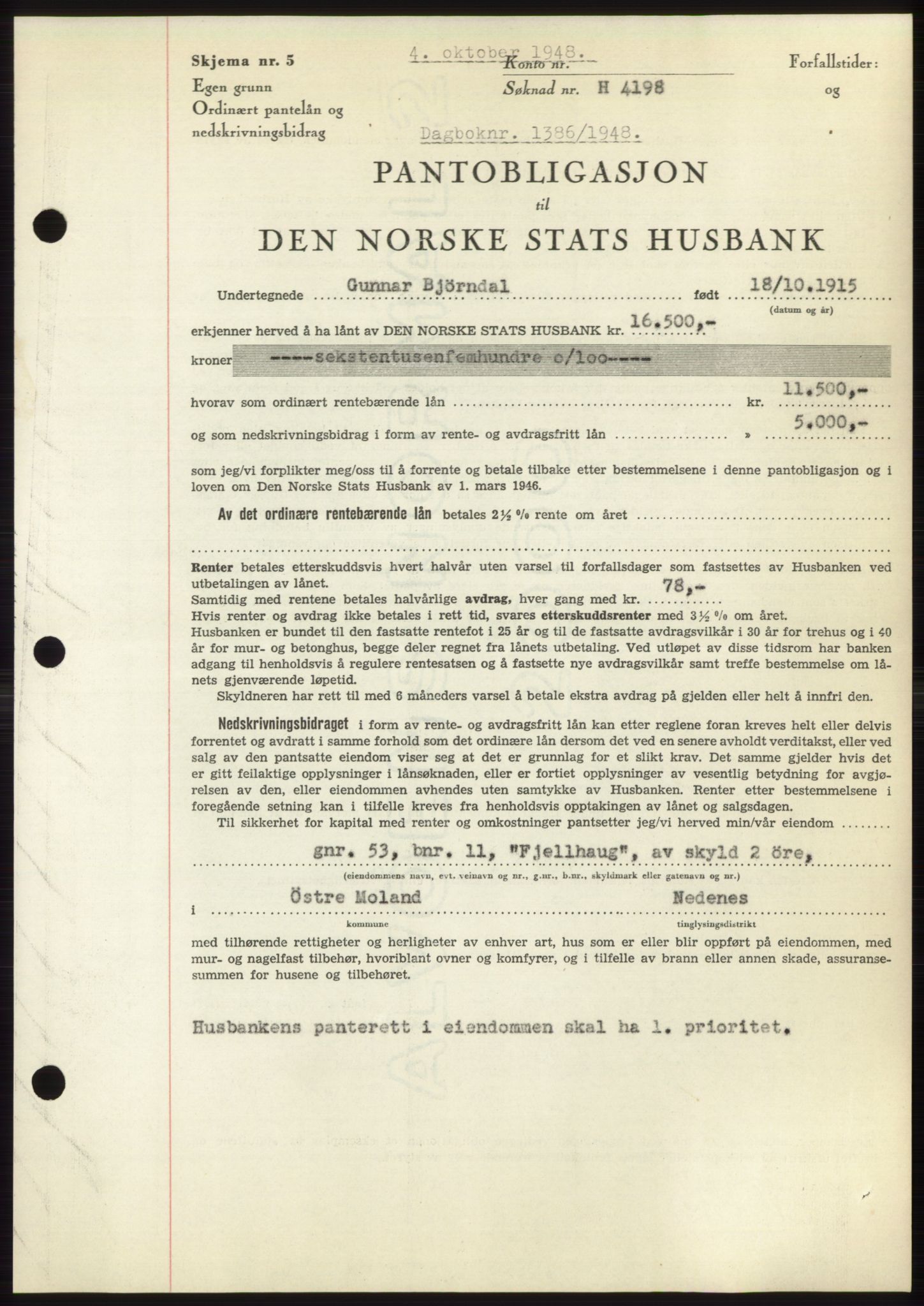 Nedenes sorenskriveri, AV/SAK-1221-0006/G/Gb/Gbb/L0005: Mortgage book no. B5, 1948-1948, Diary no: : 1386/1948