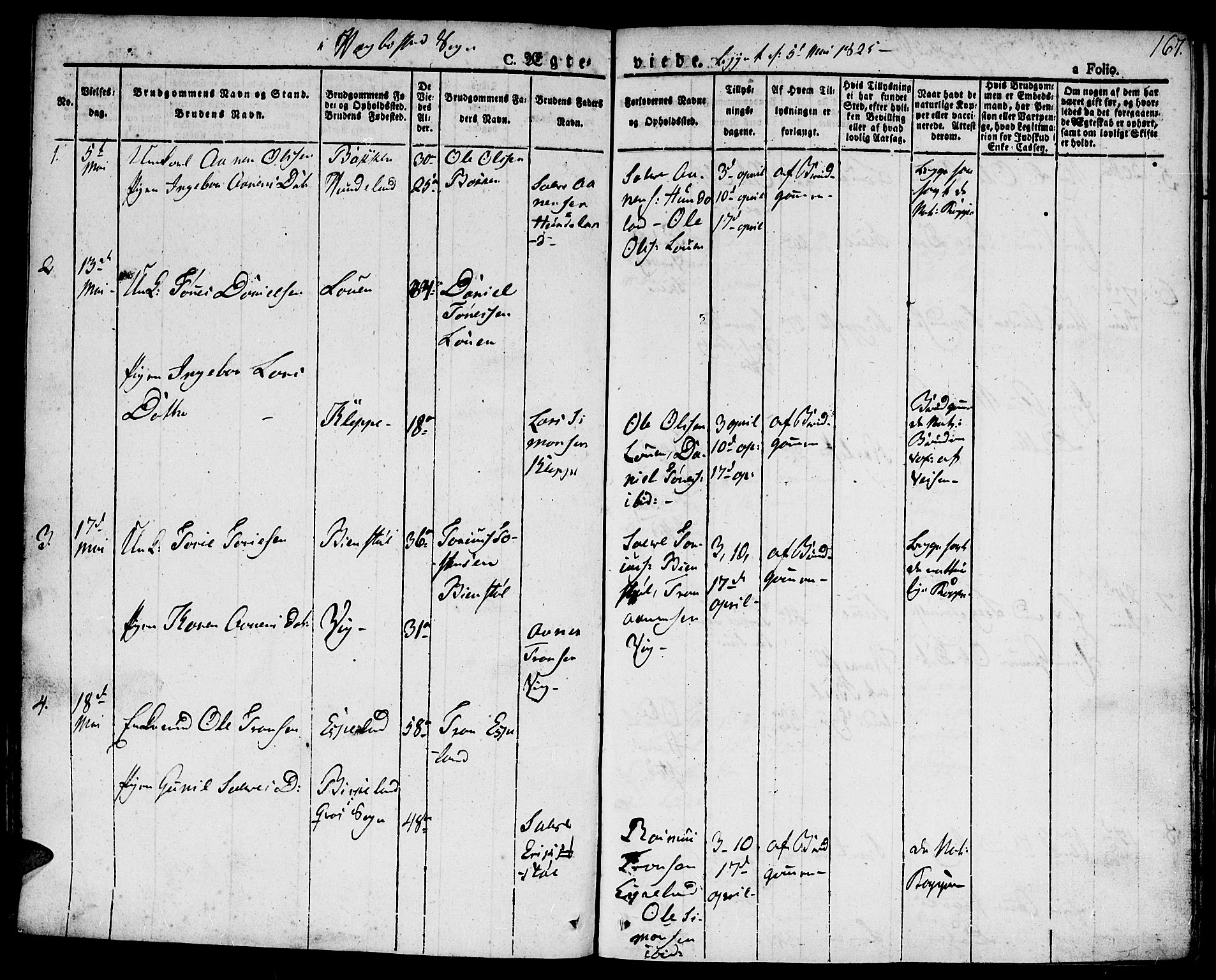 Hægebostad sokneprestkontor, SAK/1111-0024/F/Fa/Faa/L0003: Parish register (official) no. A 3 /1, 1825-1834, p. 167
