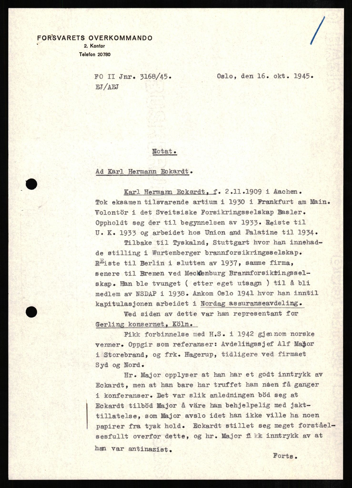 Forsvaret, Forsvarets overkommando II, AV/RA-RAFA-3915/D/Db/L0007: CI Questionaires. Tyske okkupasjonsstyrker i Norge. Tyskere., 1945-1946, p. 21