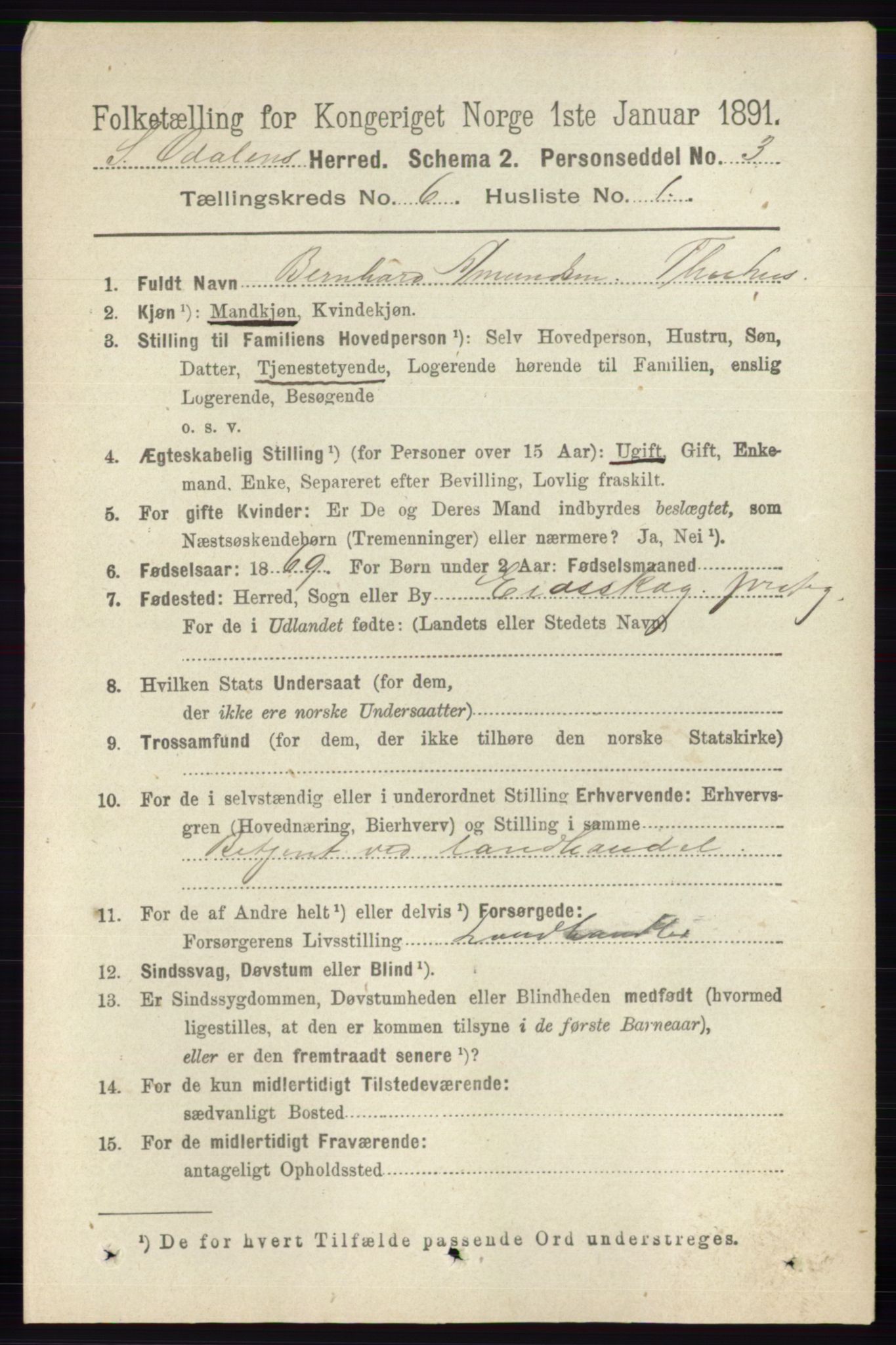 RA, 1891 census for 0419 Sør-Odal, 1891, p. 2797