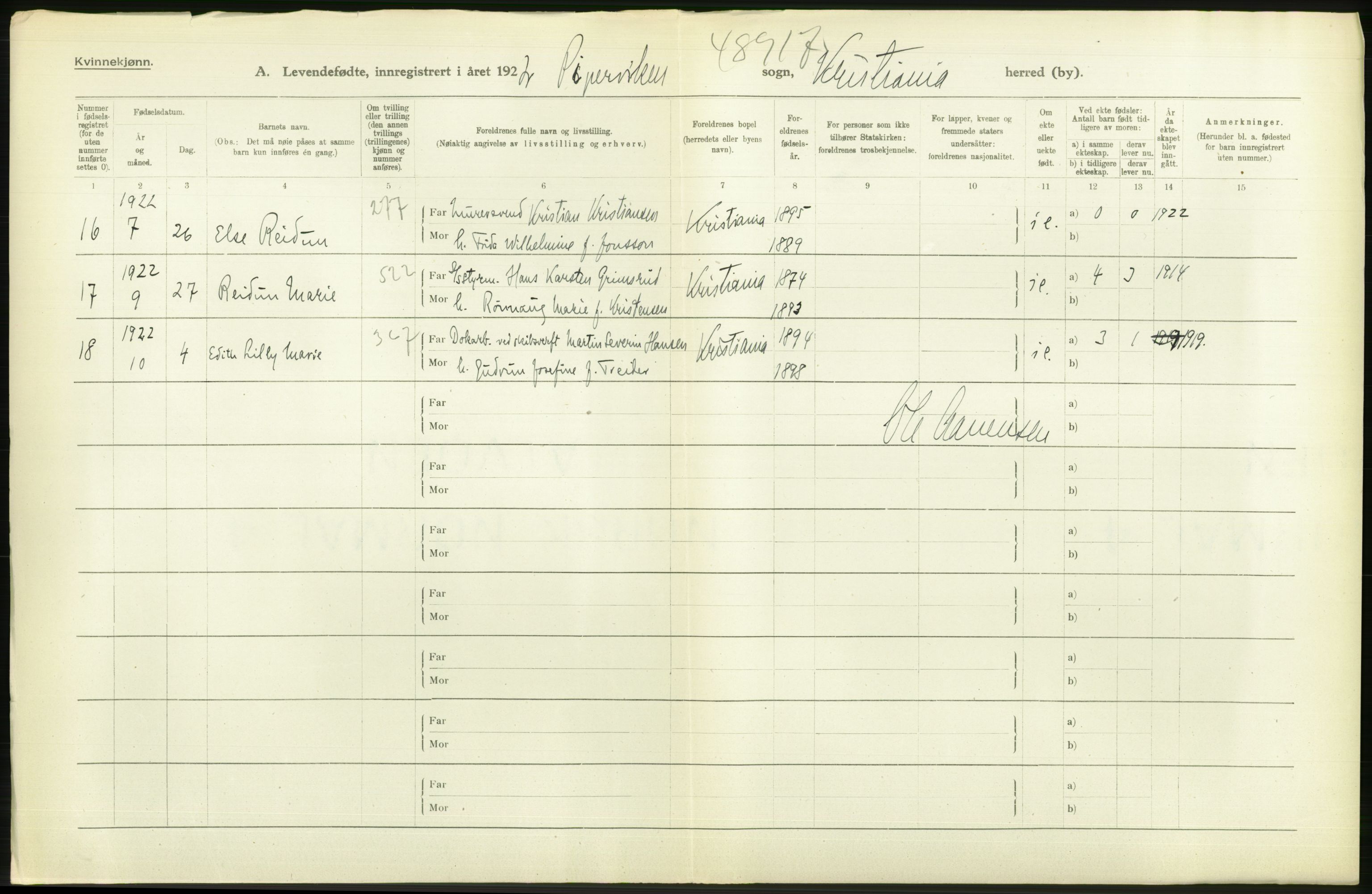 Statistisk sentralbyrå, Sosiodemografiske emner, Befolkning, AV/RA-S-2228/D/Df/Dfc/Dfcb/L0007: Kristiania: Levendefødte menn og kvinner., 1922, p. 132