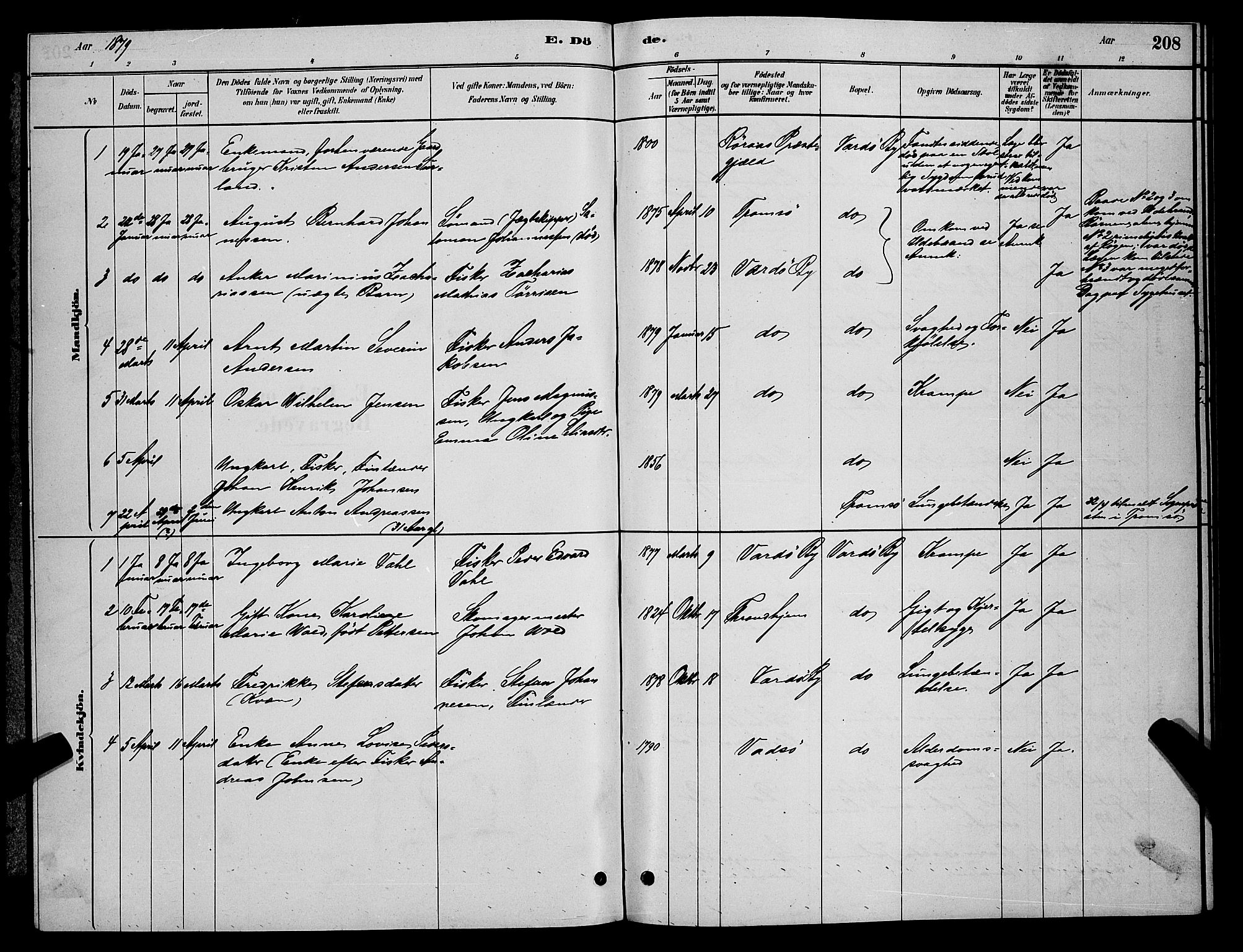Vardø sokneprestkontor, SATØ/S-1332/H/Hb/L0004klokker: Parish register (copy) no. 4, 1879-1887, p. 208