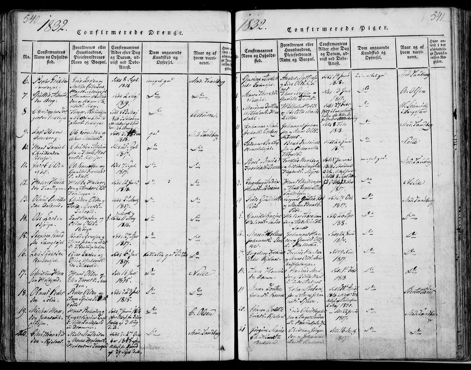 Sande Kirkebøker, SAKO/A-53/F/Fa/L0003: Parish register (official) no. 3, 1814-1847, p. 540-541
