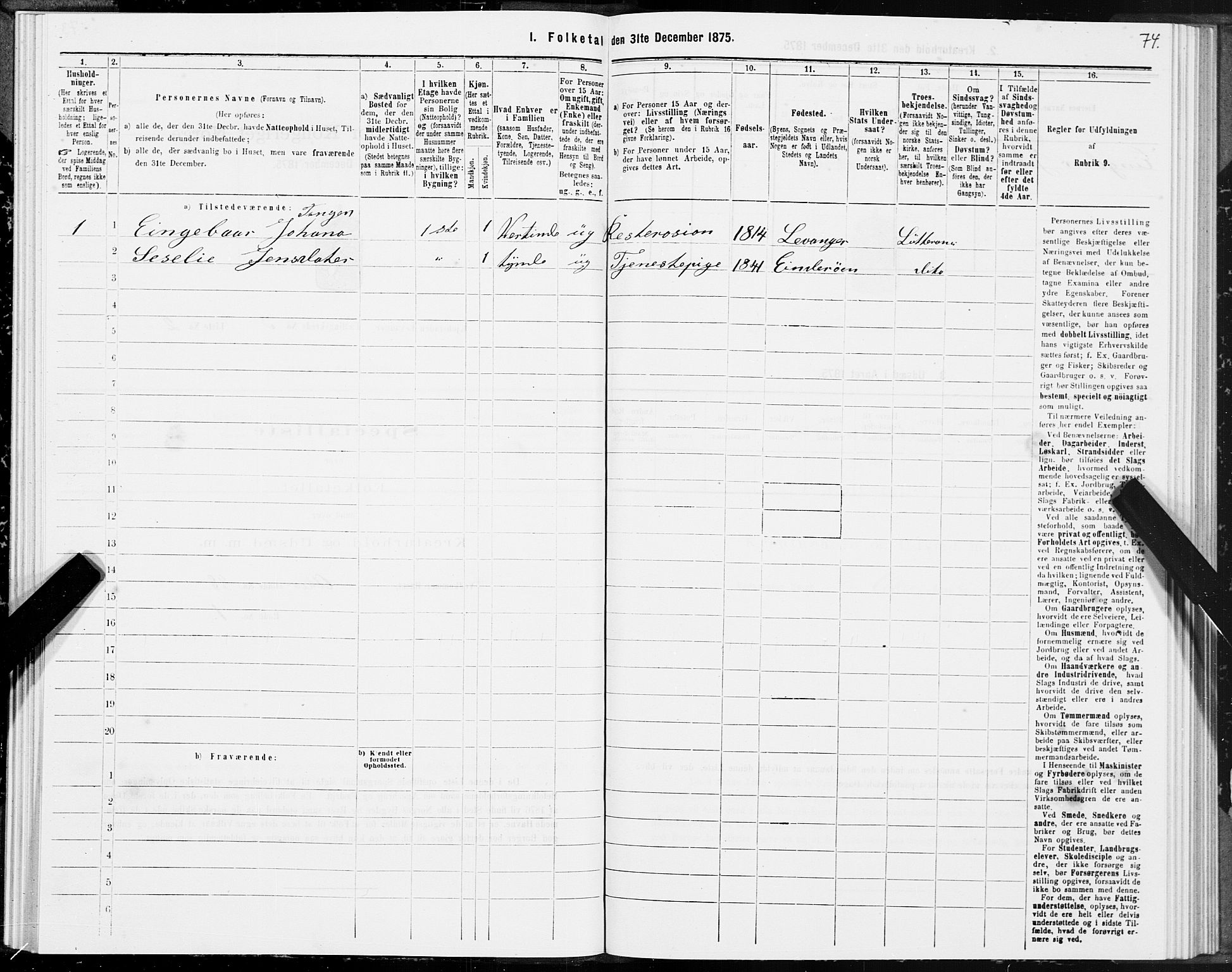 SAT, 1875 census for 1701B Levanger/Levanger, 1875, p. 74