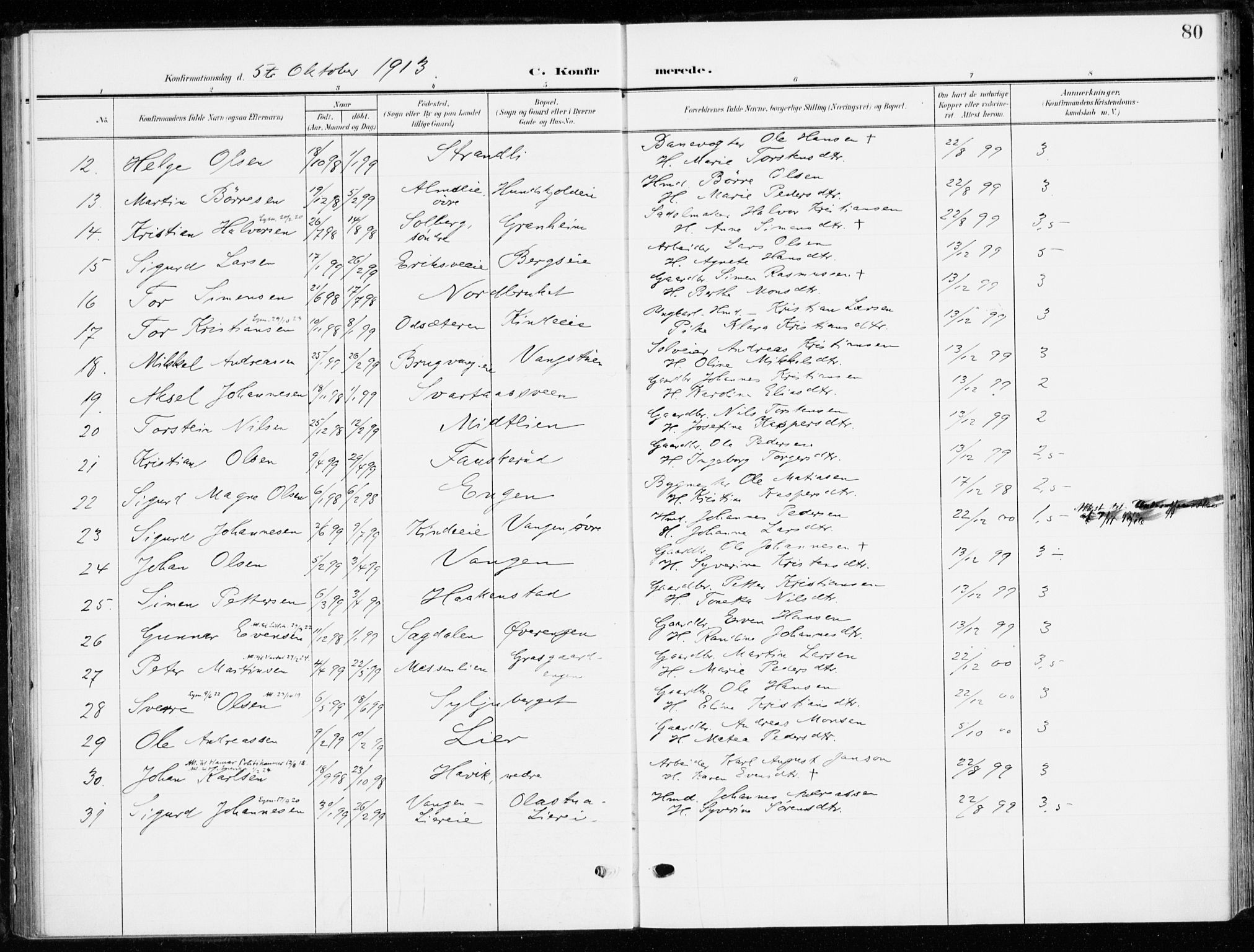 Ringsaker prestekontor, SAH/PREST-014/K/Ka/L0021: Parish register (official) no. 21, 1905-1920, p. 80