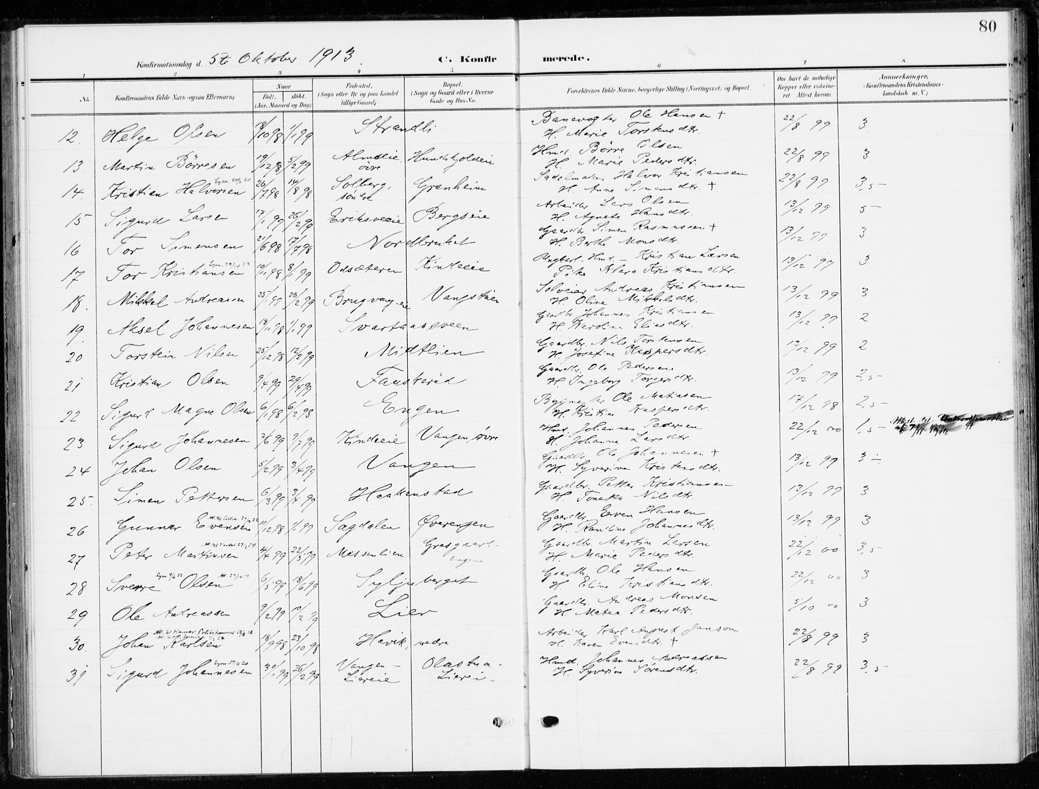 Ringsaker prestekontor, AV/SAH-PREST-014/K/Ka/L0021: Parish register (official) no. 21, 1905-1920, p. 80