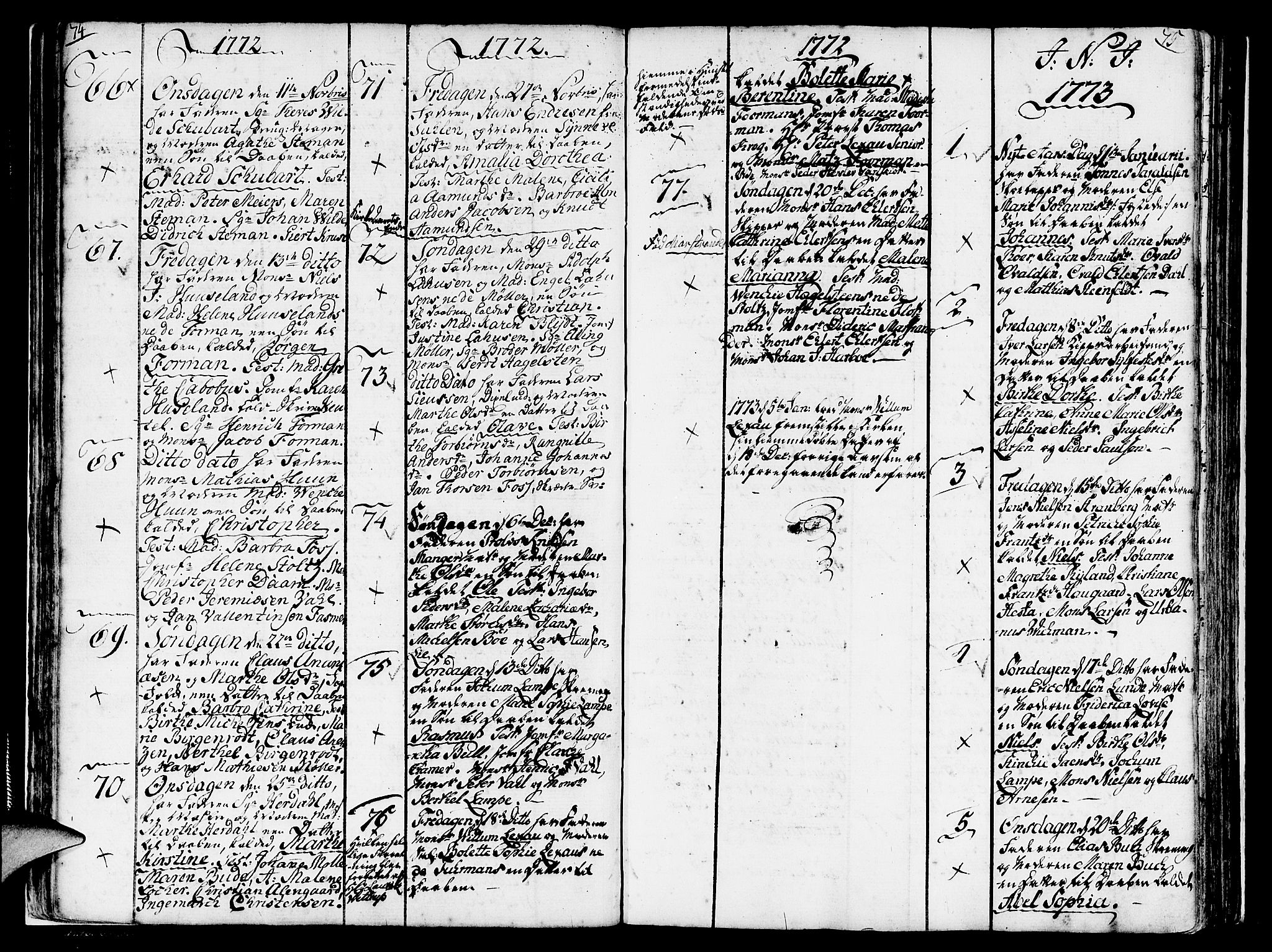 Nykirken Sokneprestembete, SAB/A-77101/H/Haa/L0004: Parish register (official) no. A 4, 1765-1775, p. 74-75