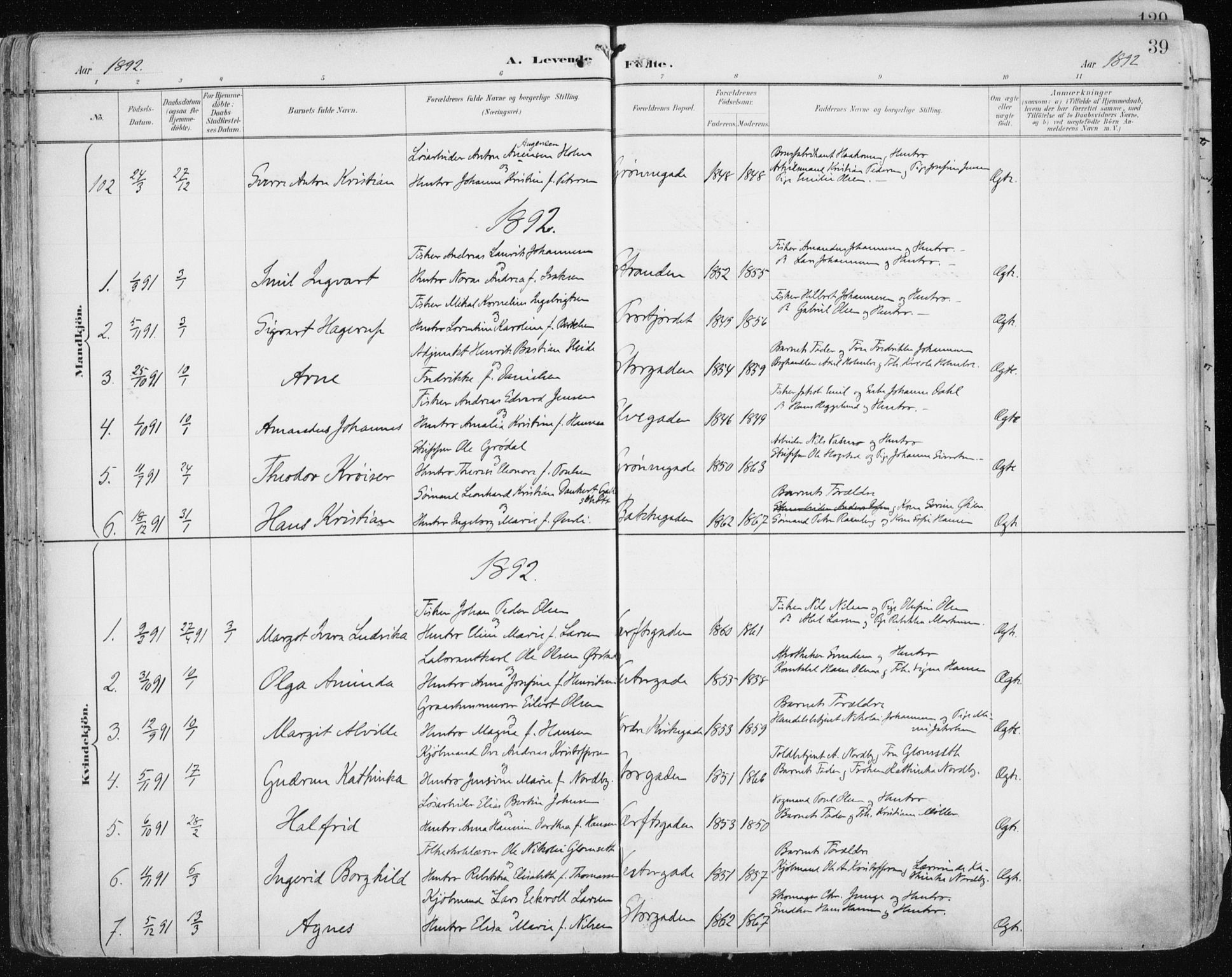Tromsø sokneprestkontor/stiftsprosti/domprosti, SATØ/S-1343/G/Ga/L0015kirke: Parish register (official) no. 15, 1889-1899, p. 39