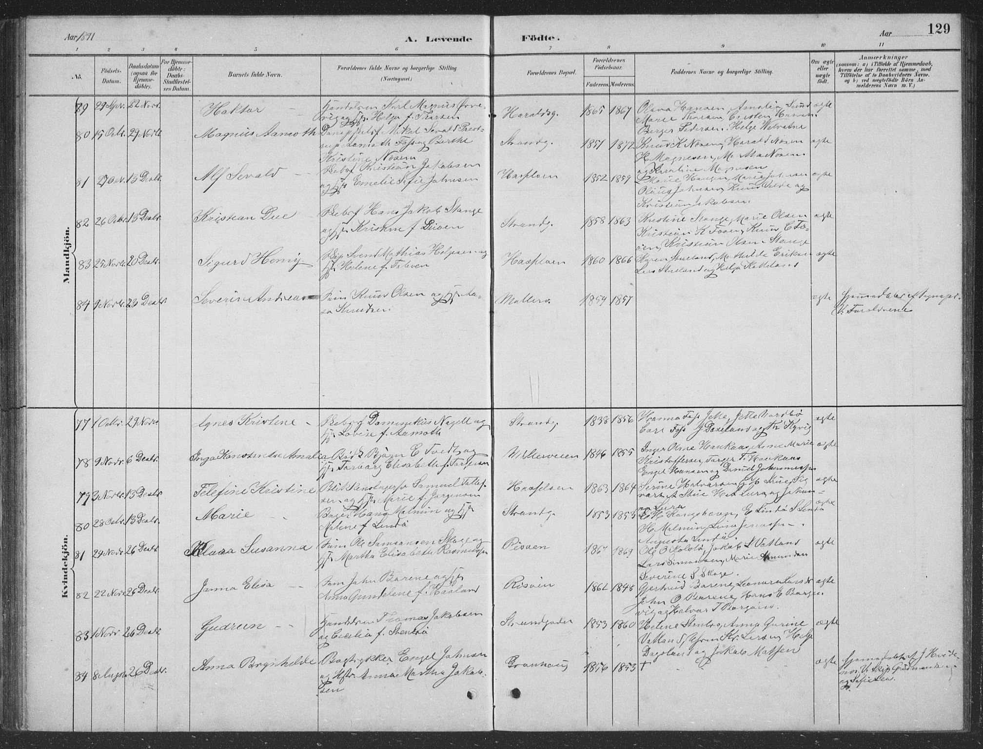 Haugesund sokneprestkontor, AV/SAST-A -101863/H/Ha/Hab/L0002: Parish register (copy) no. B 2, 1881-1894, p. 129