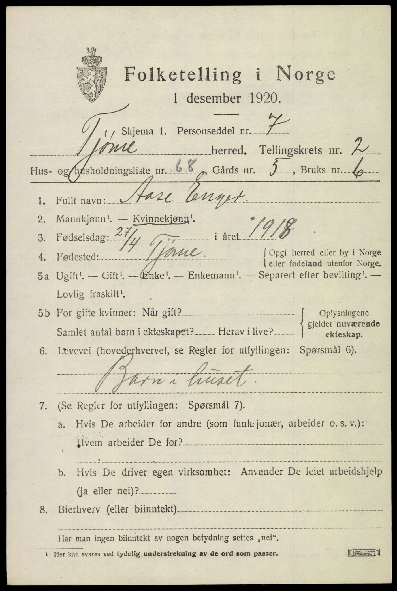 SAKO, 1920 census for Tjøme, 1920, p. 3423