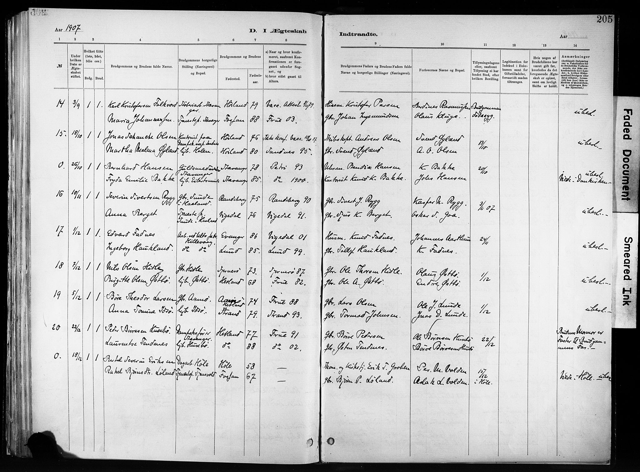 Hetland sokneprestkontor, SAST/A-101826/30/30BA/L0011: Parish register (official) no. A 11, 1884-1911, p. 205