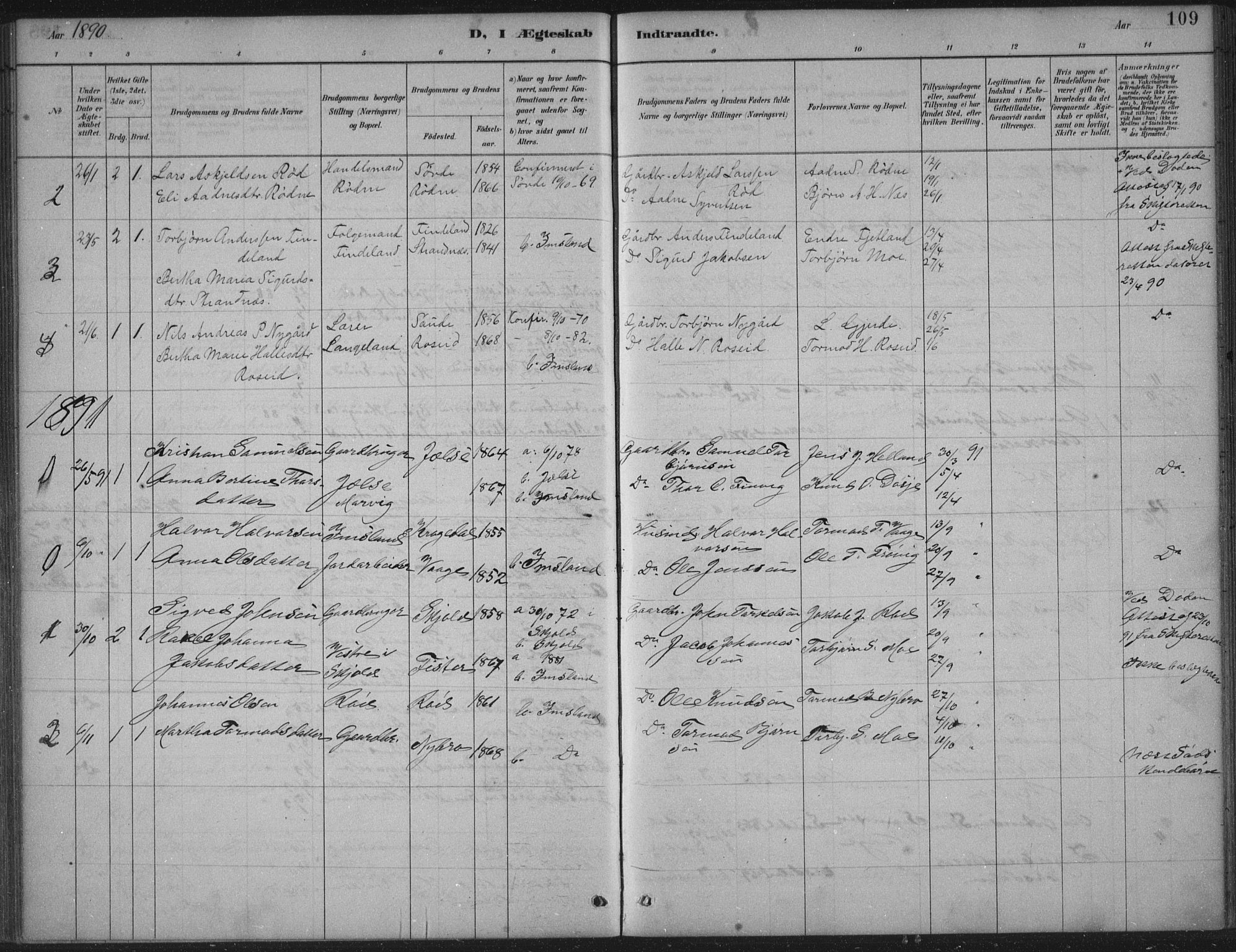 Vikedal sokneprestkontor, AV/SAST-A-101840/01/IV: Parish register (official) no. A 12, 1886-1929, p. 109