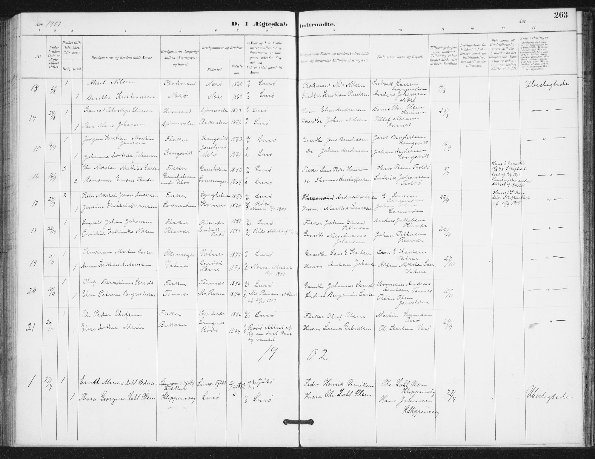 Ministerialprotokoller, klokkerbøker og fødselsregistre - Nordland, AV/SAT-A-1459/839/L0573: Parish register (copy) no. 839C03, 1892-1917, p. 263