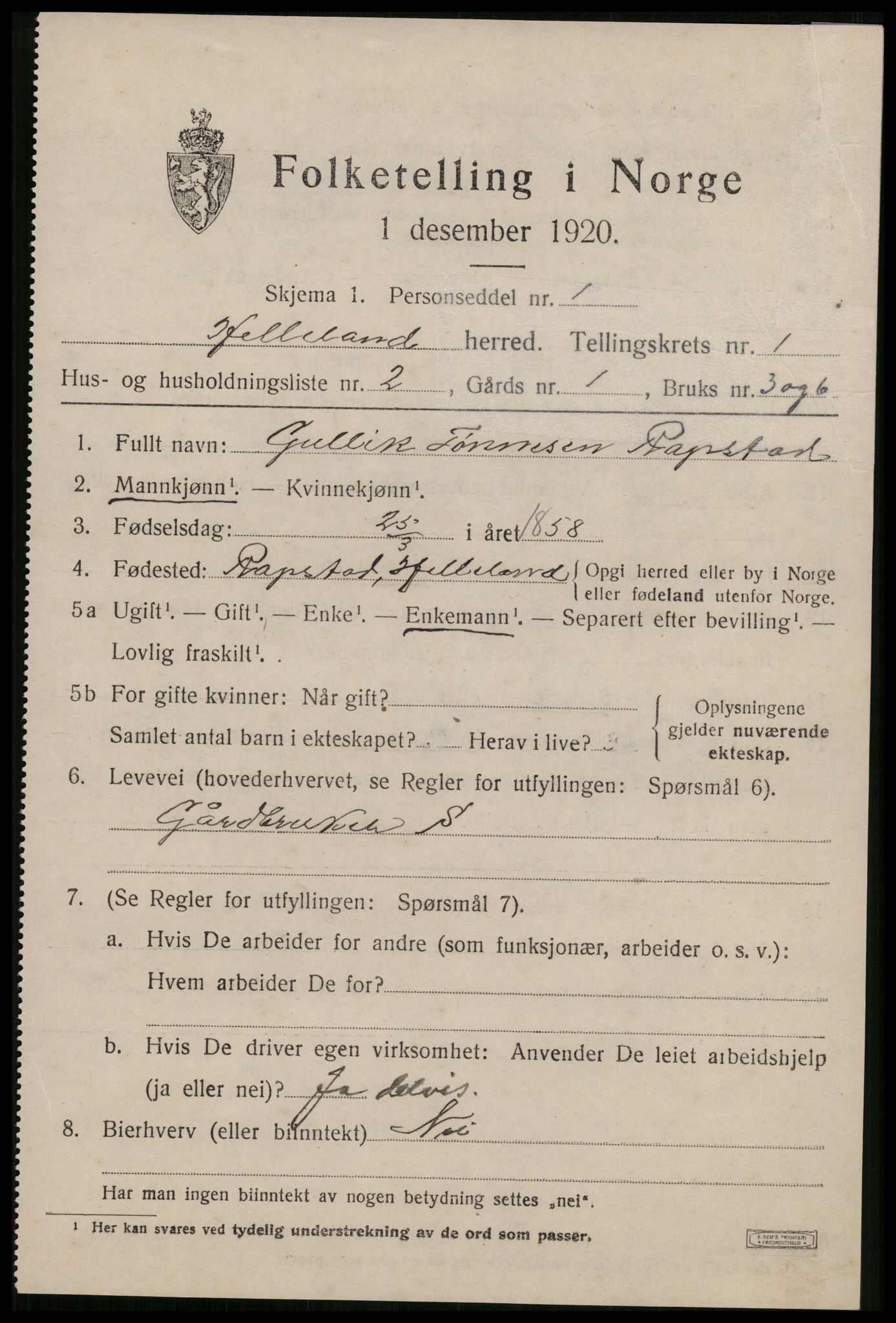 SAST, 1920 census for Helleland, 1920, p. 423