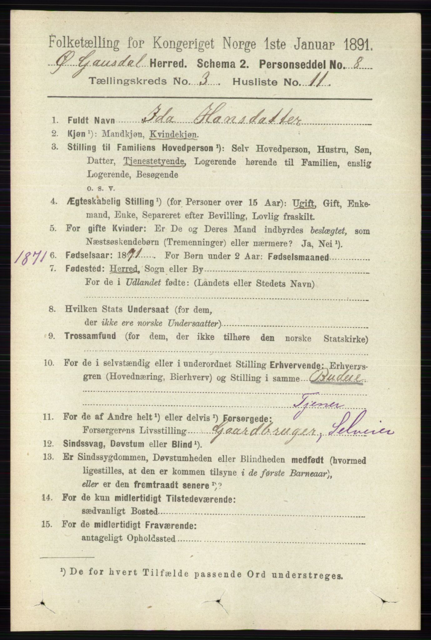 RA, 1891 census for 0522 Østre Gausdal, 1891, p. 1820