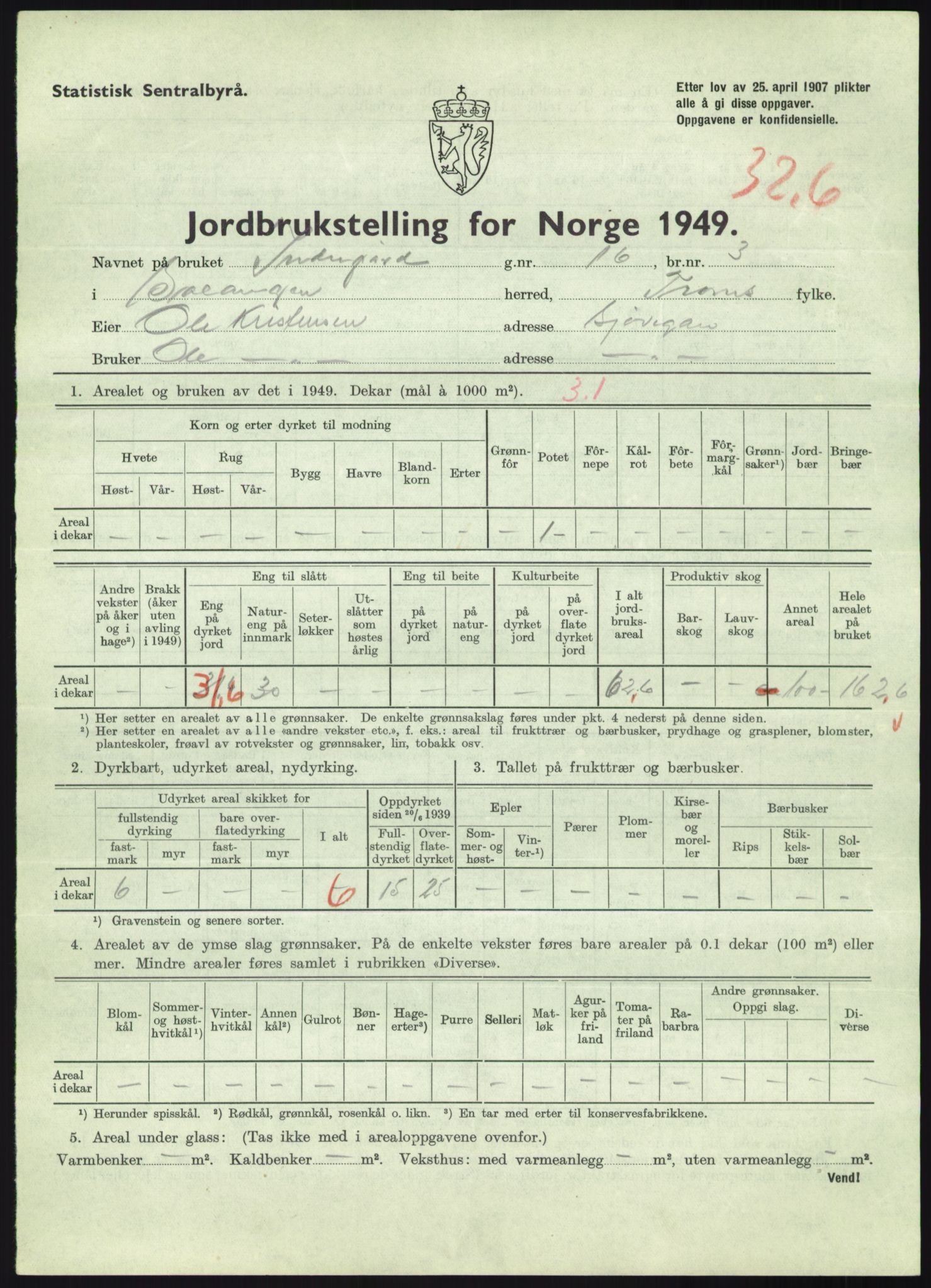 Statistisk sentralbyrå, Næringsøkonomiske emner, Jordbruk, skogbruk, jakt, fiske og fangst, AV/RA-S-2234/G/Gc/L0438: Troms: Salangen og Bardu, 1949, p. 846