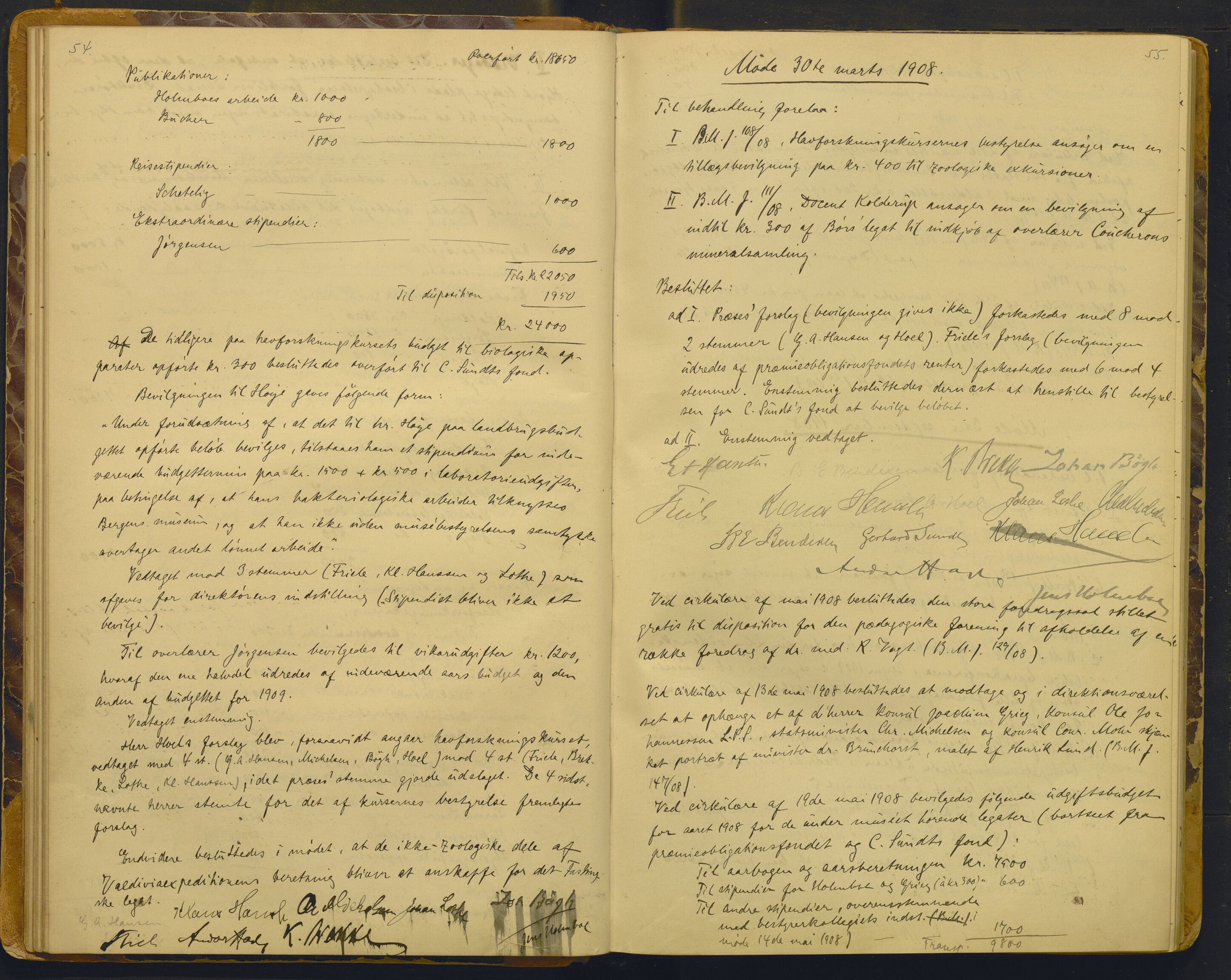 Bergens Museum, AV/SAB-A-17301/02/A/L0008: Forhandlingsprotokoll med register , 1906-1927, p. 54-55