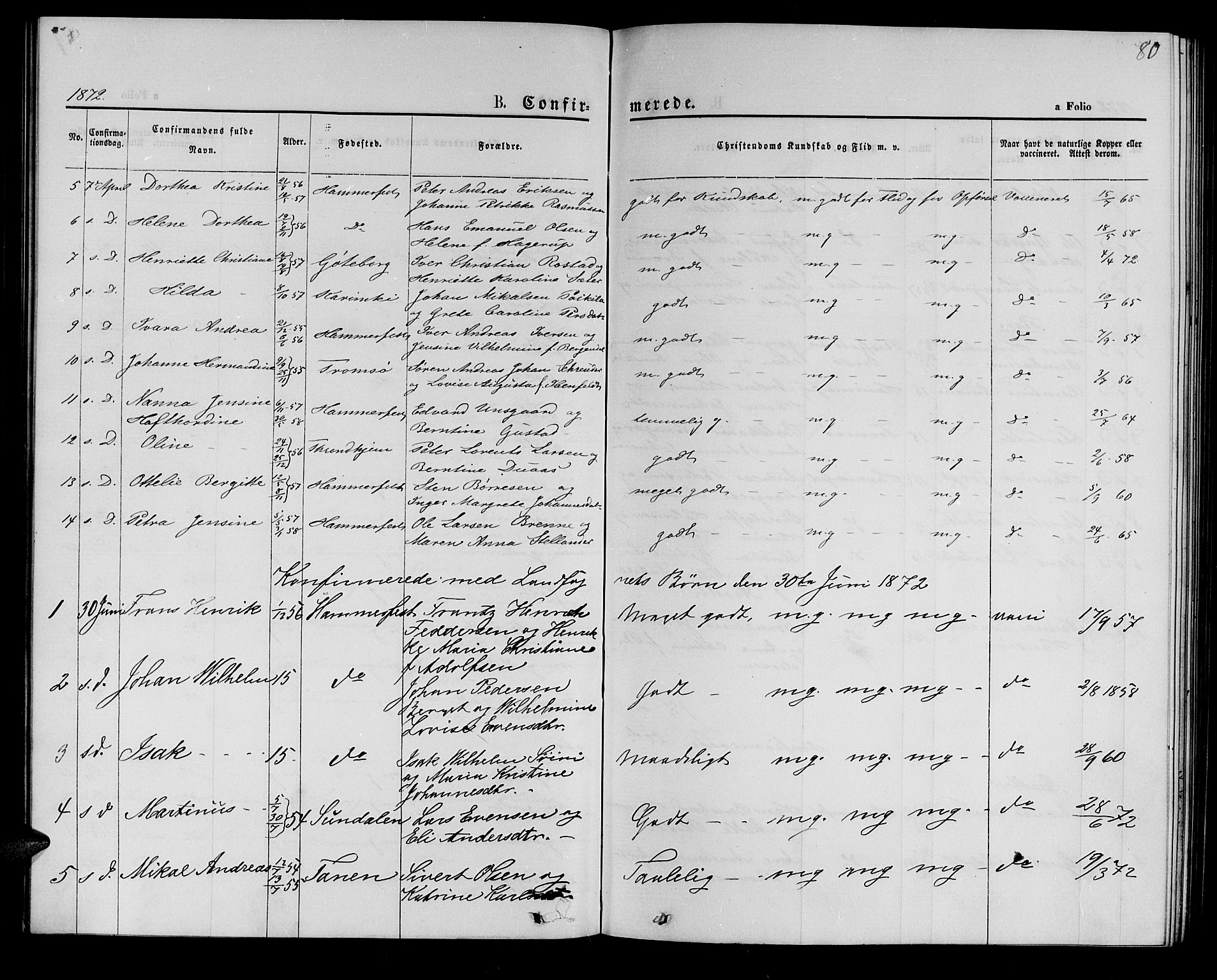 Hammerfest sokneprestkontor, AV/SATØ-S-1347/H/Hb/L0004.klokk: Parish register (copy) no. 4, 1869-1877, p. 80