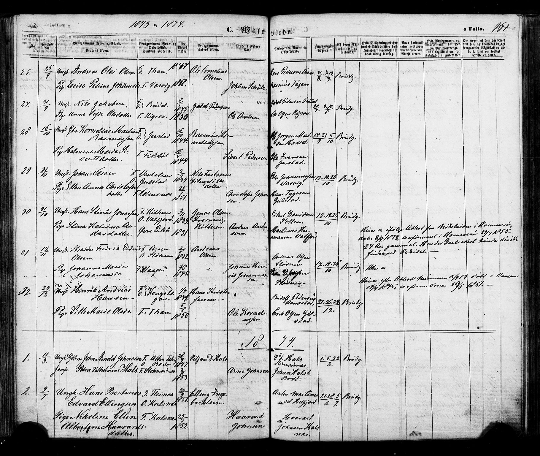 Ministerialprotokoller, klokkerbøker og fødselsregistre - Nordland, AV/SAT-A-1459/888/L1242: Parish register (official) no. 888A08, 1870-1875, p. 161