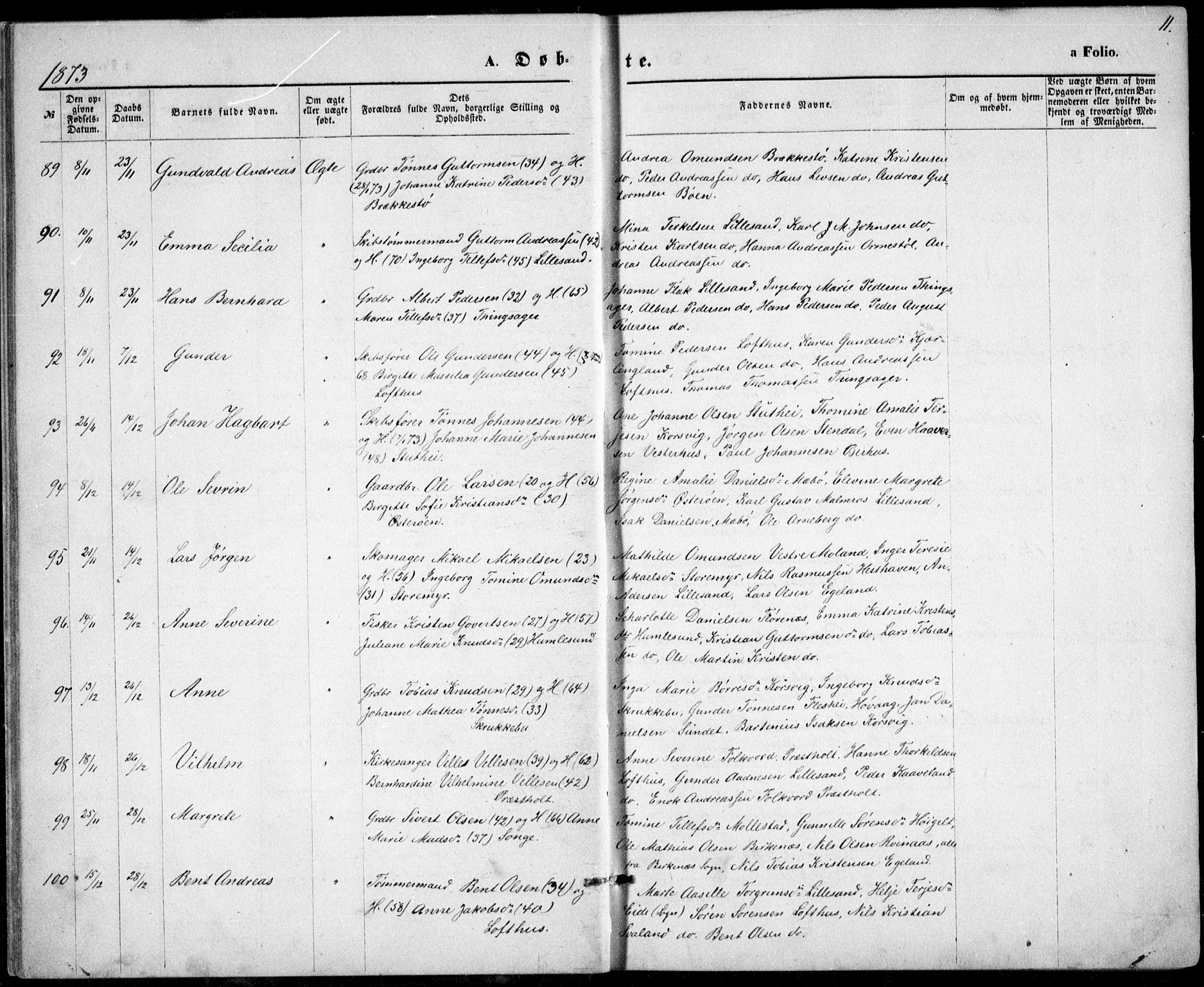 Vestre Moland sokneprestkontor, SAK/1111-0046/F/Fb/Fbb/L0005: Parish register (copy) no. B 5, 1872-1883, p. 11