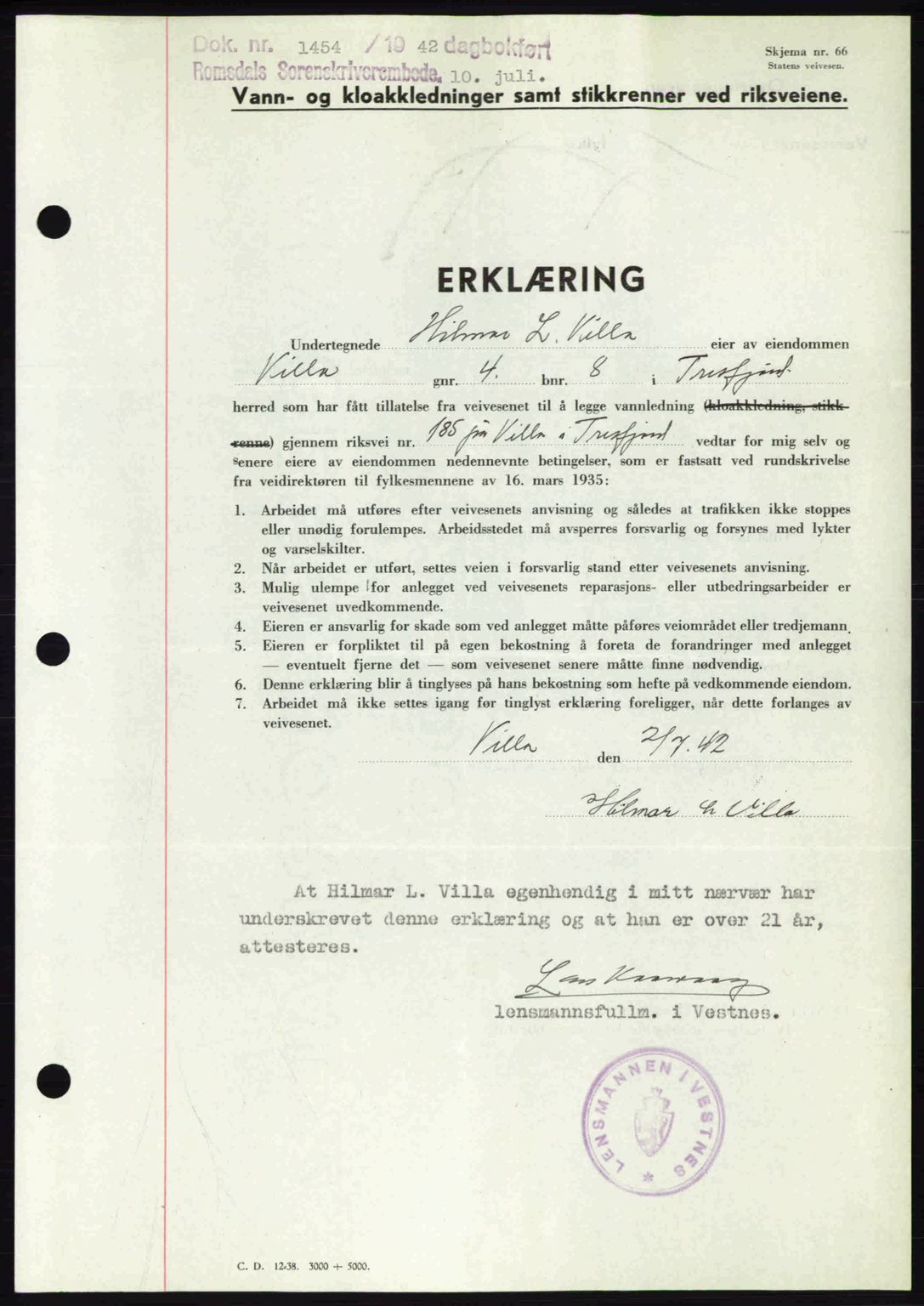 Romsdal sorenskriveri, AV/SAT-A-4149/1/2/2C: Mortgage book no. A12, 1942-1942, Diary no: : 1454/1942