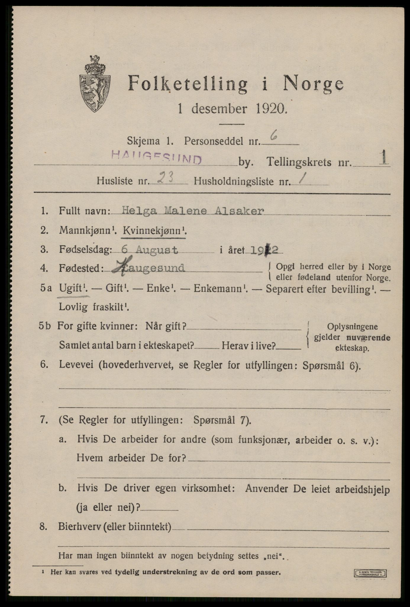 SAST, 1920 census for Haugesund, 1920, p. 11913