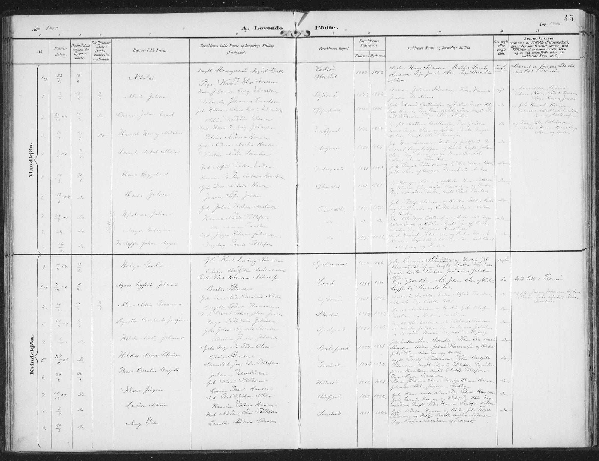 Lenvik sokneprestembete, SATØ/S-1310/H/Ha/Haa/L0015kirke: Parish register (official) no. 15, 1896-1915, p. 45