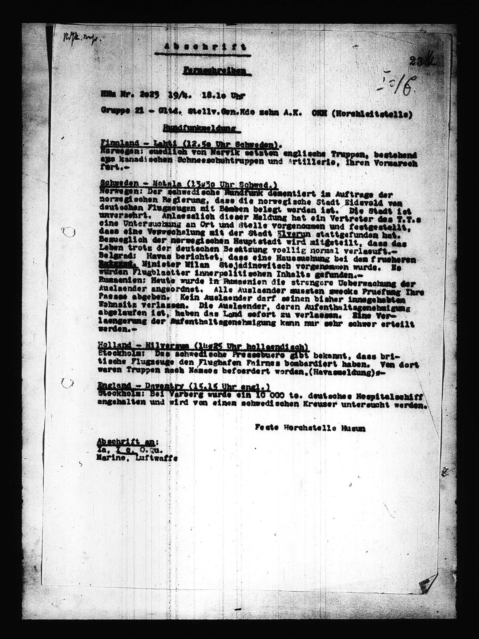 Documents Section, AV/RA-RAFA-2200/V/L0085: Amerikansk mikrofilm "Captured German Documents".
Box No. 724.  FKA jnr. 615/1954., 1940-1941, p. 13