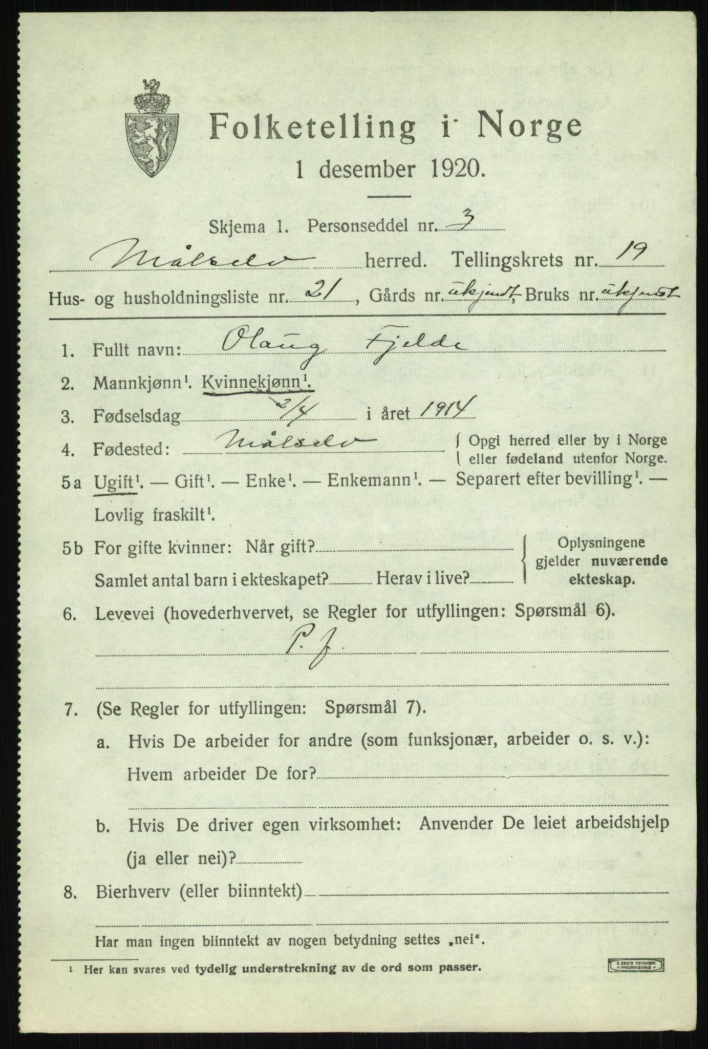 SATØ, 1920 census for Målselv, 1920, p. 9439