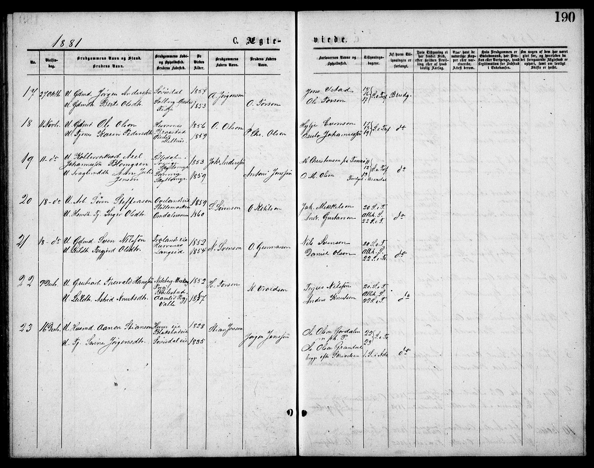 Froland sokneprestkontor, AV/SAK-1111-0013/F/Fb/L0009: Parish register (copy) no. B 9, 1875-1893, p. 190