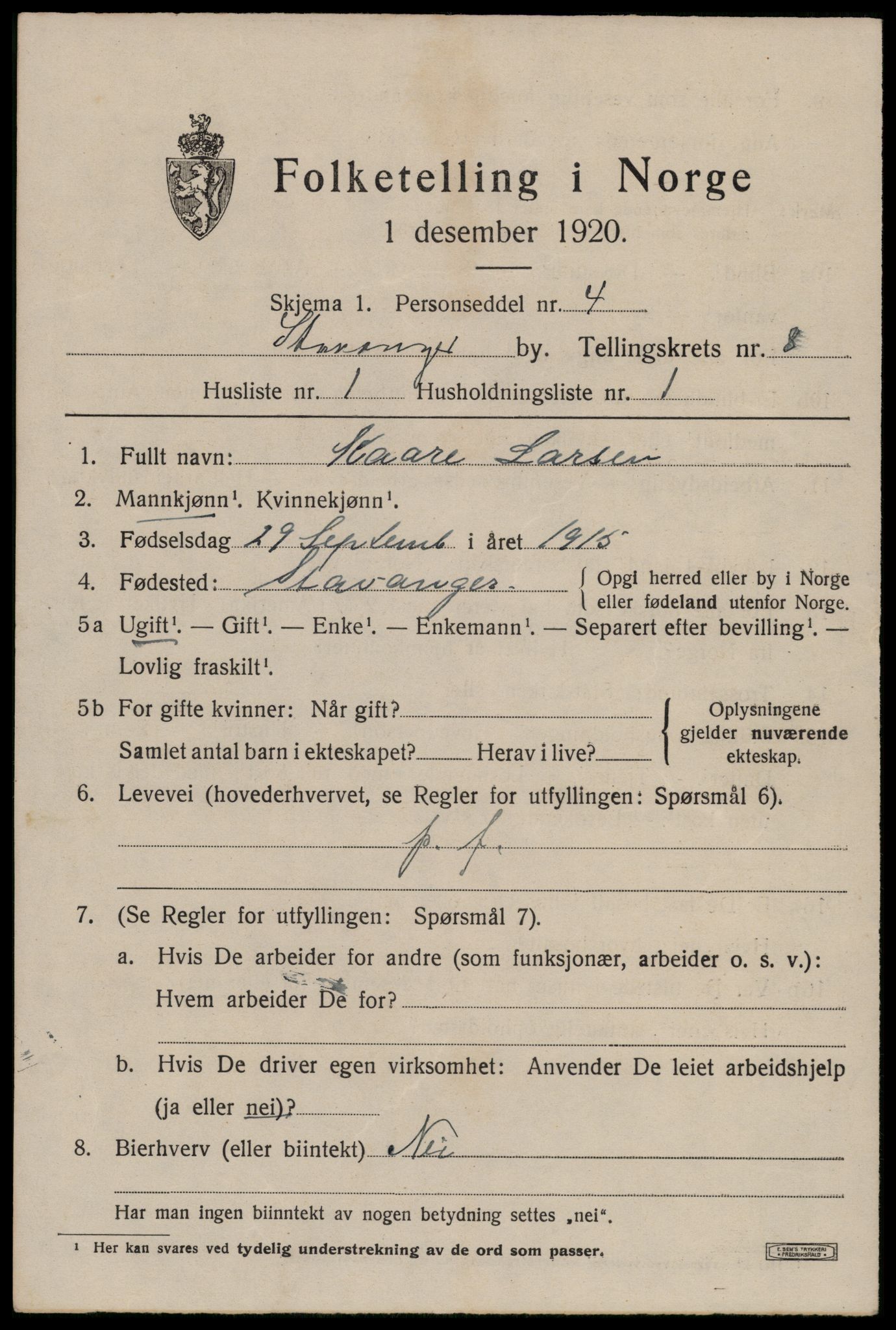 SAST, 1920 census for Stavanger, 1920, p. 47076