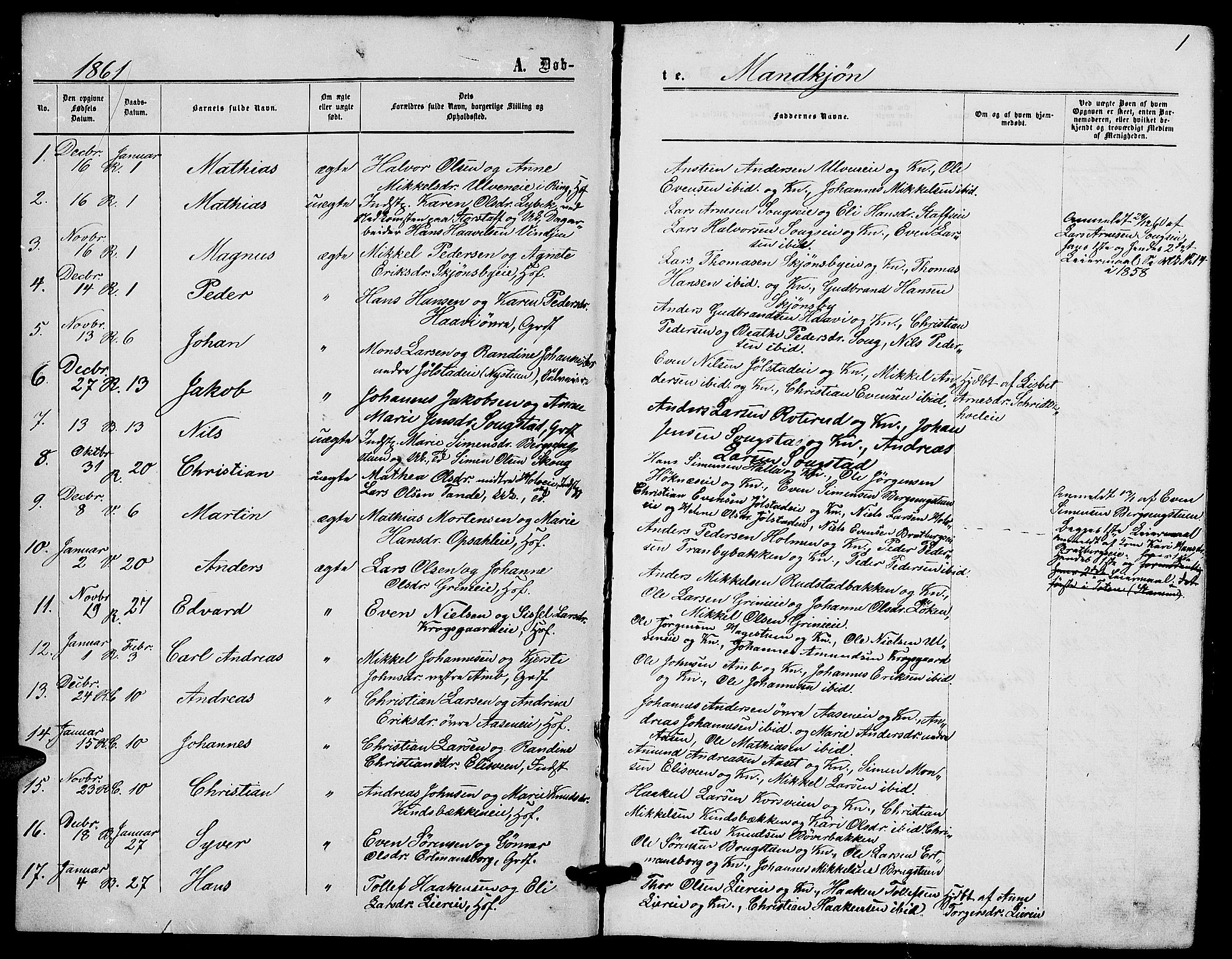 Ringsaker prestekontor, AV/SAH-PREST-014/L/La/L0007: Parish register (copy) no. 7, 1861-1869, p. 1