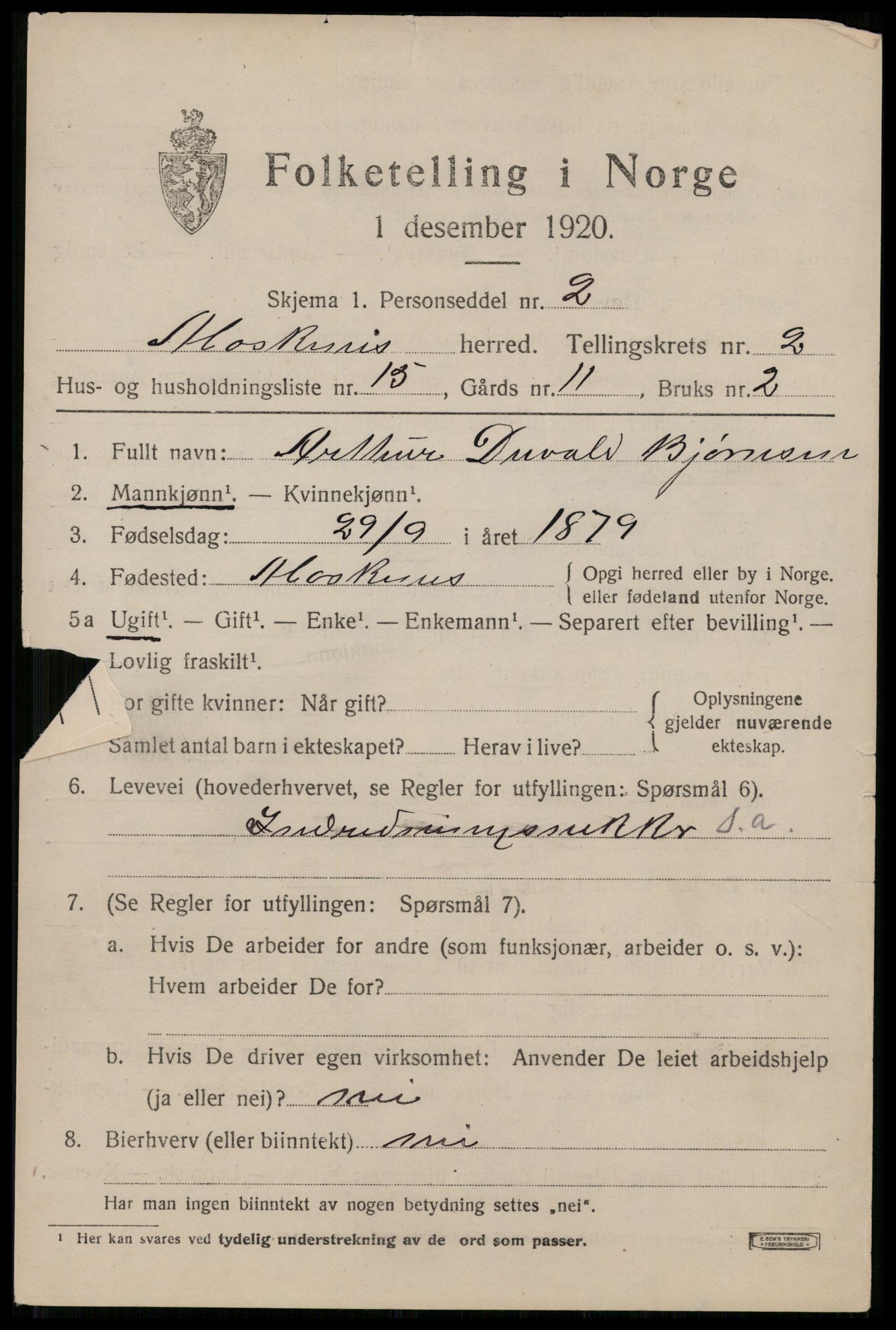 SAT, 1920 census for Moskenes, 1920, p. 1182