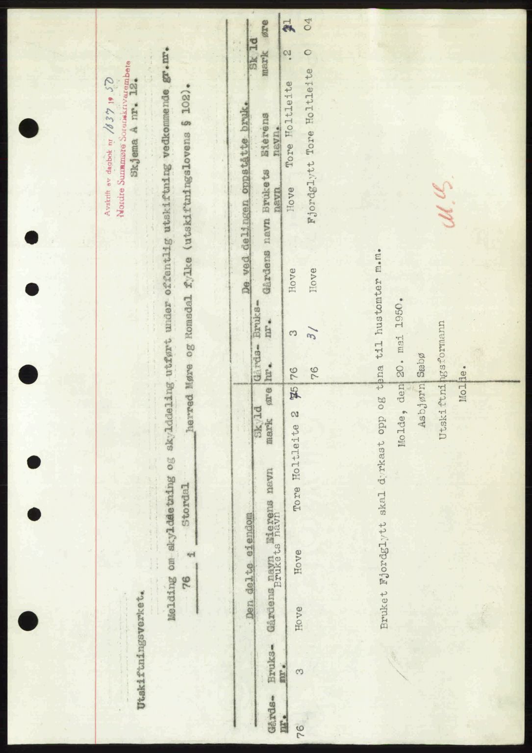 Nordre Sunnmøre sorenskriveri, AV/SAT-A-0006/1/2/2C/2Ca: Mortgage book no. A34, 1950-1950, Diary no: : 1037/1950