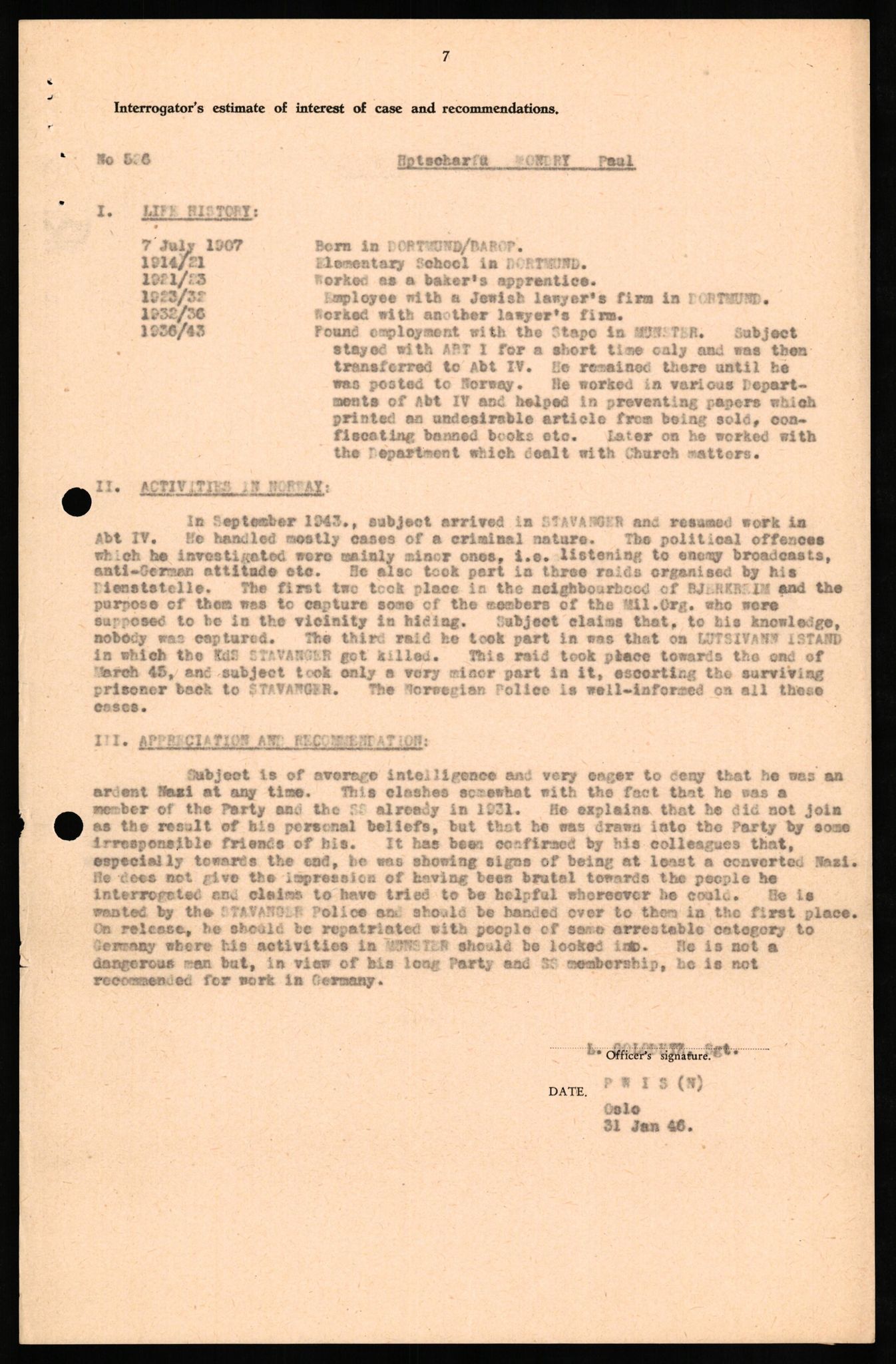 Forsvaret, Forsvarets overkommando II, RA/RAFA-3915/D/Db/L0022: CI Questionaires. Tyske okkupasjonsstyrker i Norge. Tyskere., 1945-1946, p. 193