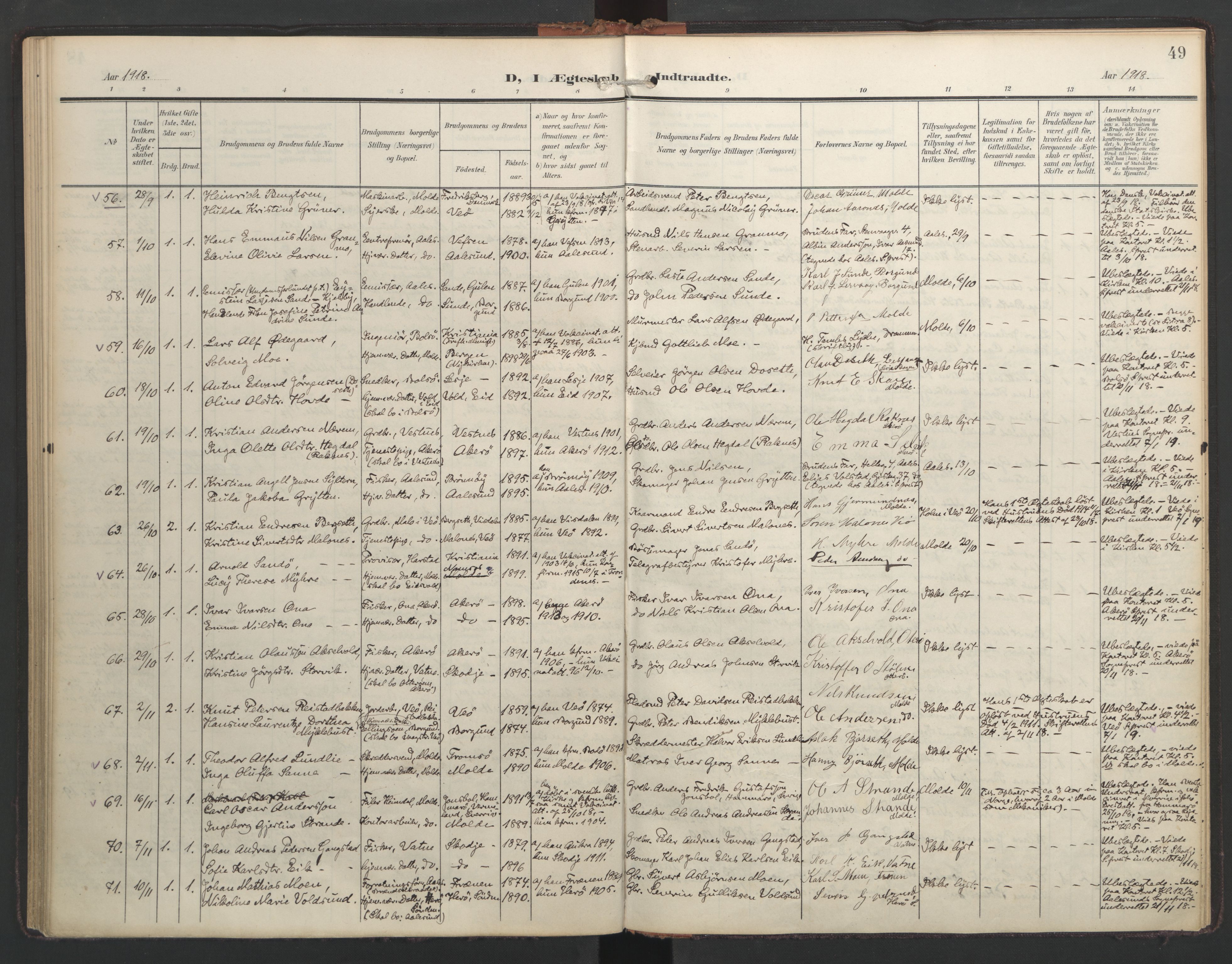 Ministerialprotokoller, klokkerbøker og fødselsregistre - Møre og Romsdal, SAT/A-1454/558/L0694: Parish register (official) no. 558A08, 1907-1922, p. 49