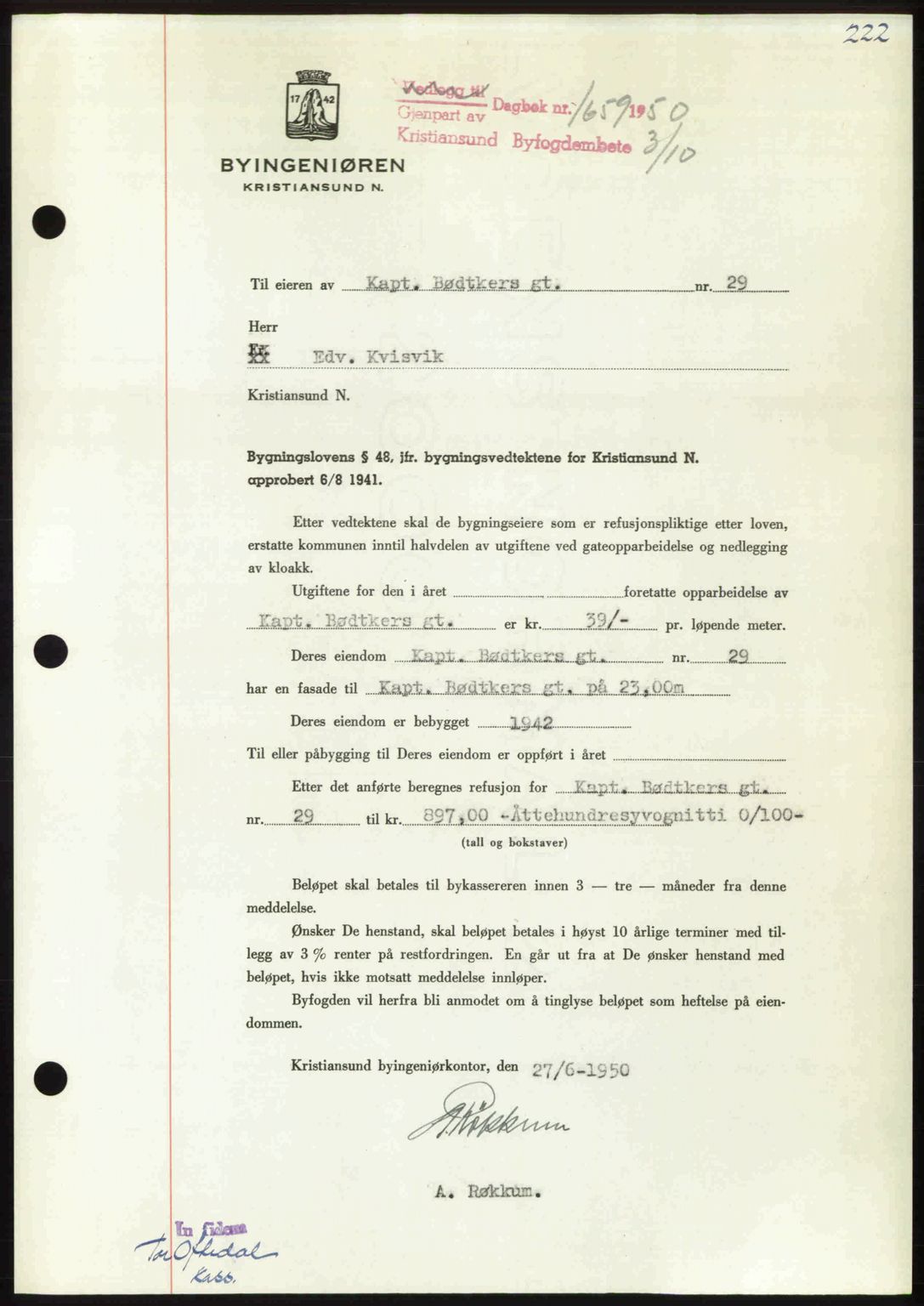 Kristiansund byfogd, AV/SAT-A-4587/A/27: Mortgage book no. 50, 1950-1950, Diary no: : 1659/1950