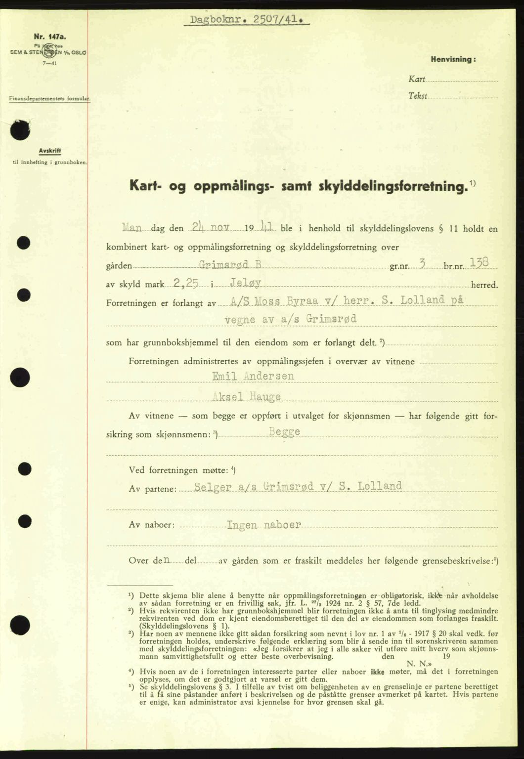 Moss sorenskriveri, SAO/A-10168: Mortgage book no. A9, 1941-1942, Diary no: : 2507/1941