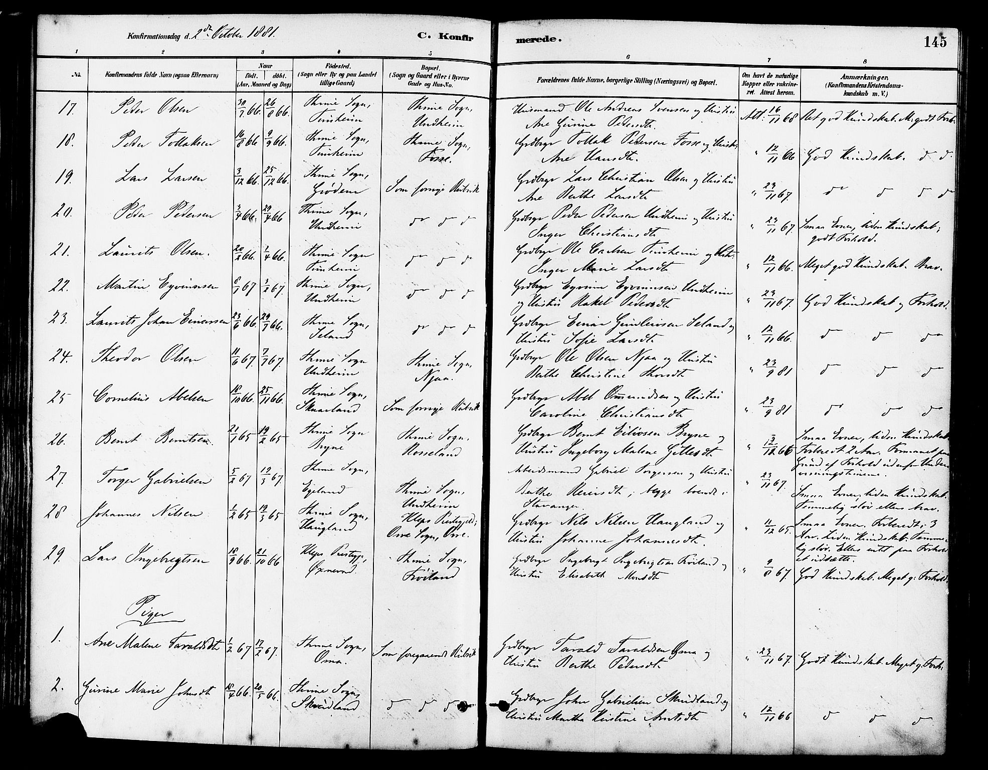 Lye sokneprestkontor, SAST/A-101794/001/30BA/L0009: Parish register (official) no. A 8, 1881-1892, p. 145
