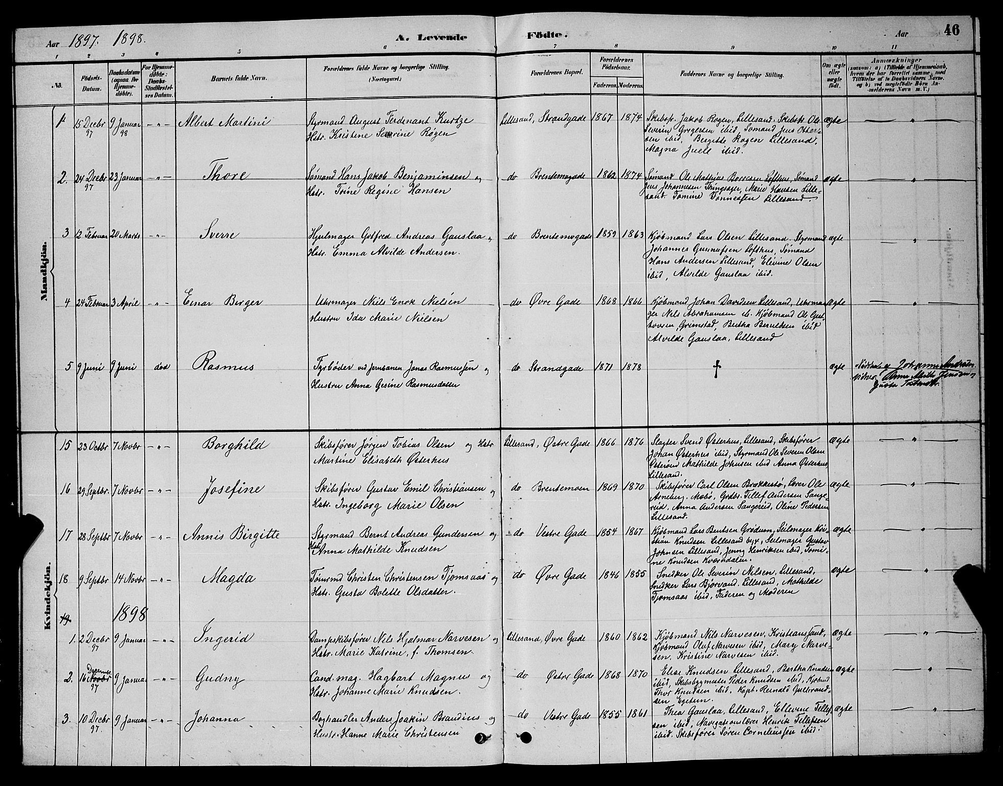 Vestre Moland sokneprestkontor, SAK/1111-0046/F/Fb/Fba/L0001: Parish register (copy) no. B 1, 1884-1903, p. 46