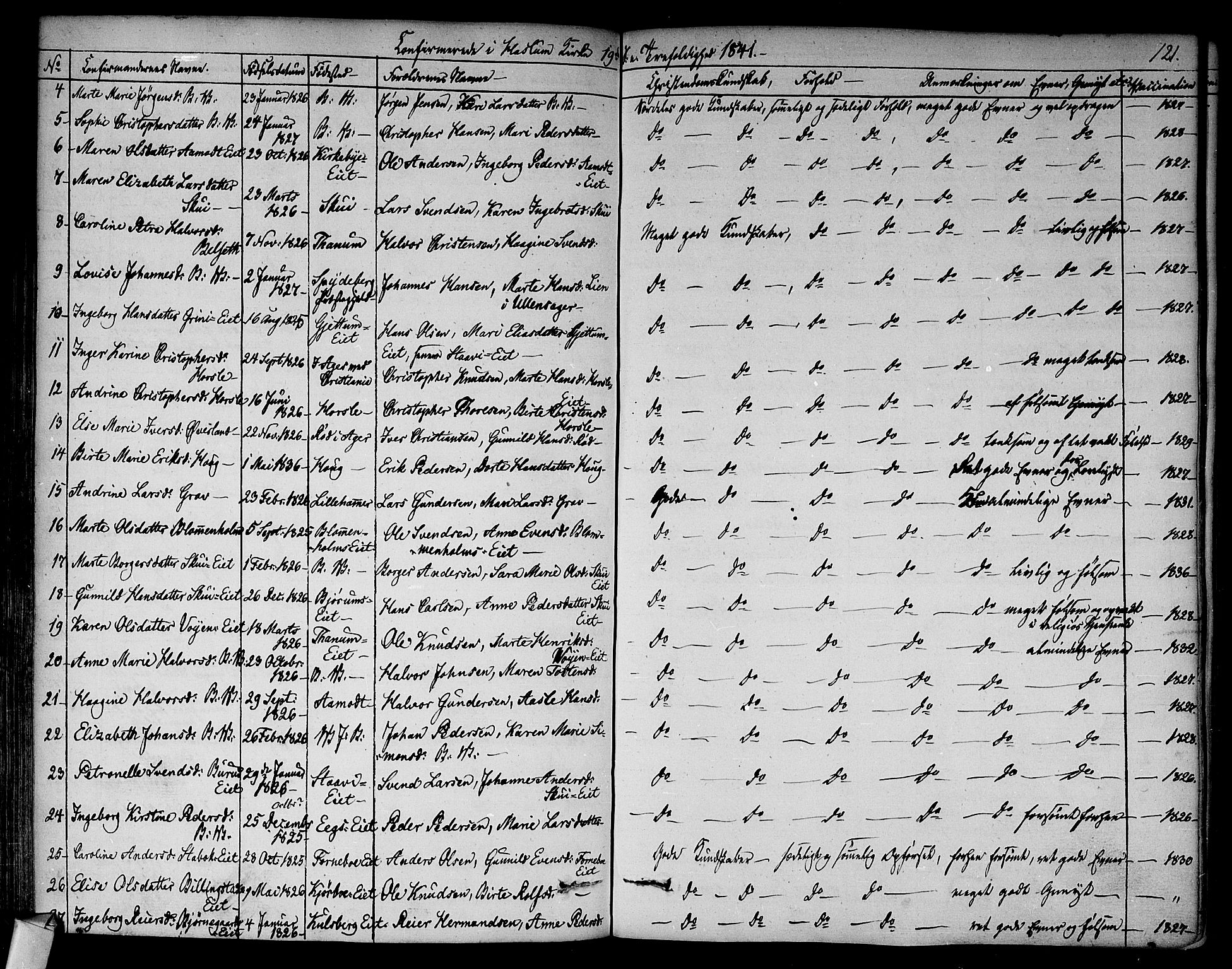 Asker prestekontor Kirkebøker, SAO/A-10256a/F/Fa/L0009: Parish register (official) no. I 9, 1825-1878, p. 121
